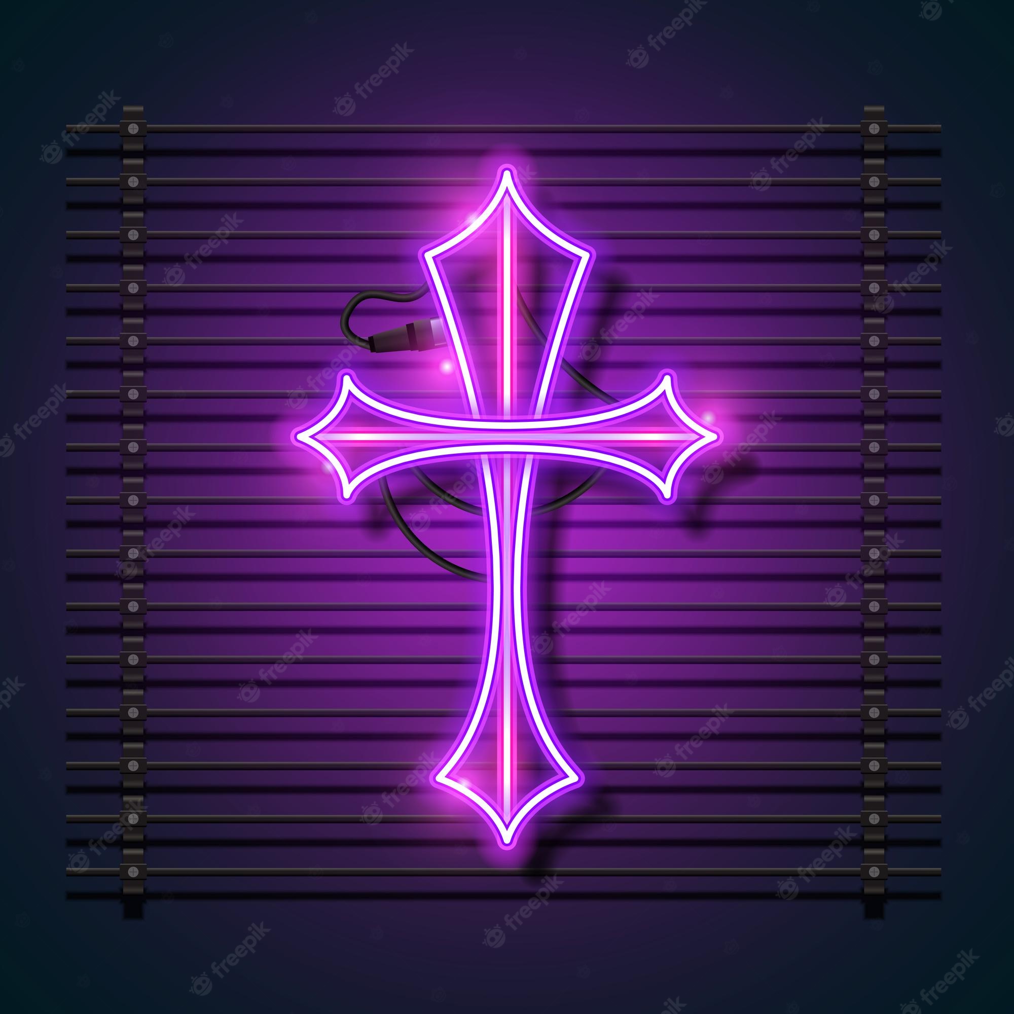 Premium Vector. Religion cross neon sign. purple christian cross icon