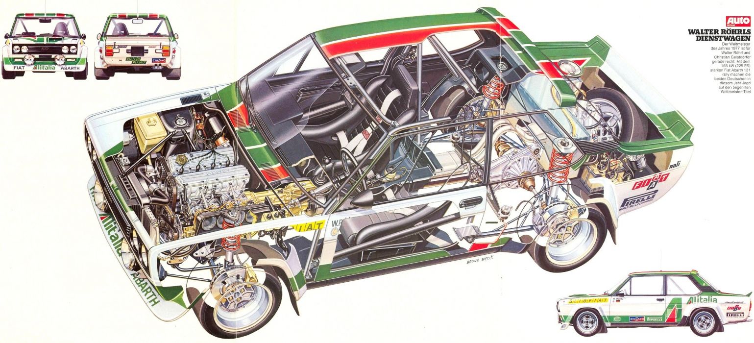 Fiat 131 Abarth rally cars technical cutaway wallpaperx1058