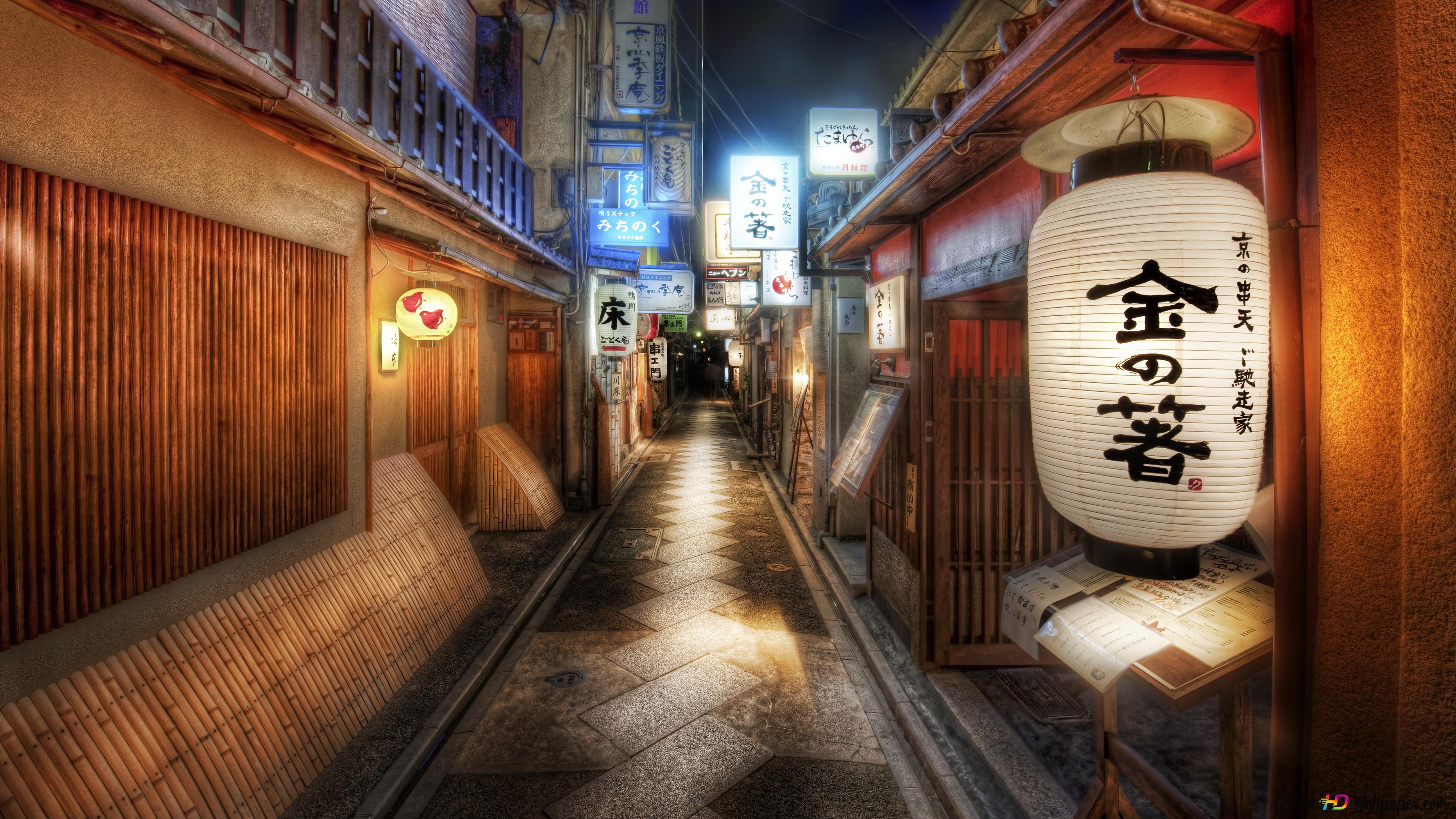 Japan night street lanterns 4K wallpaper download