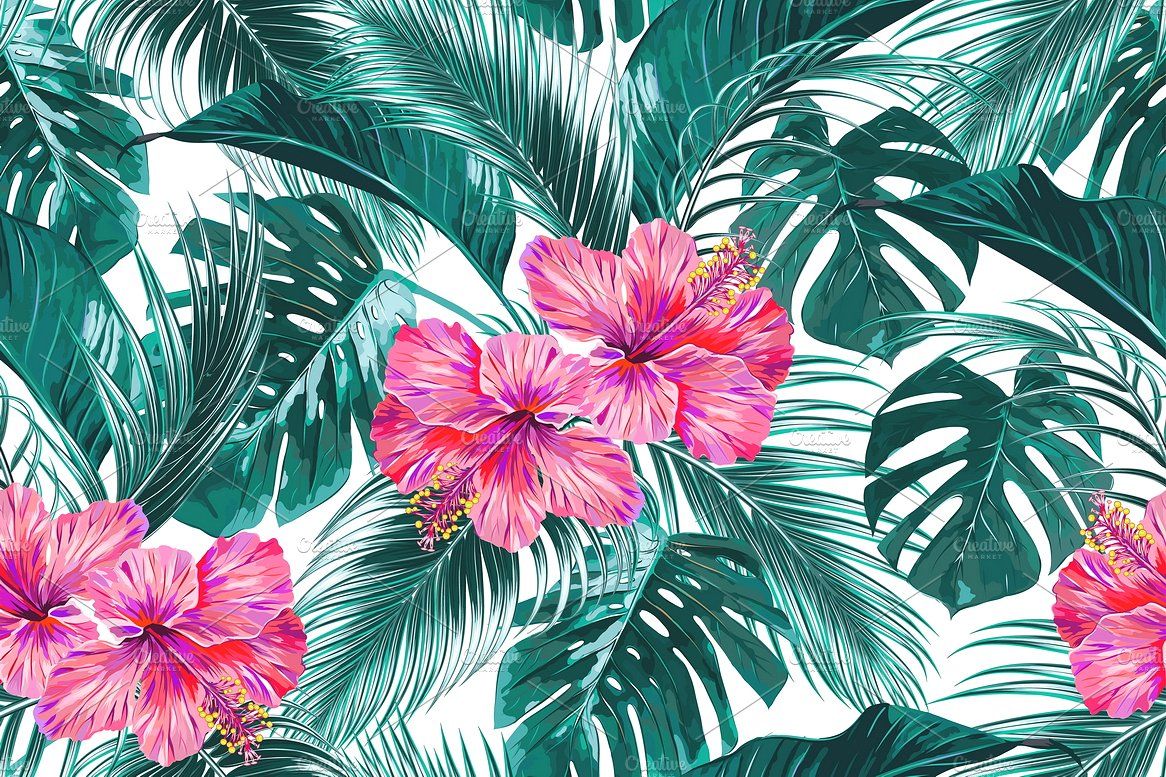 Tropical flowers, leaves pattern. Flower background, Tropical flowers, Watercolor illustration