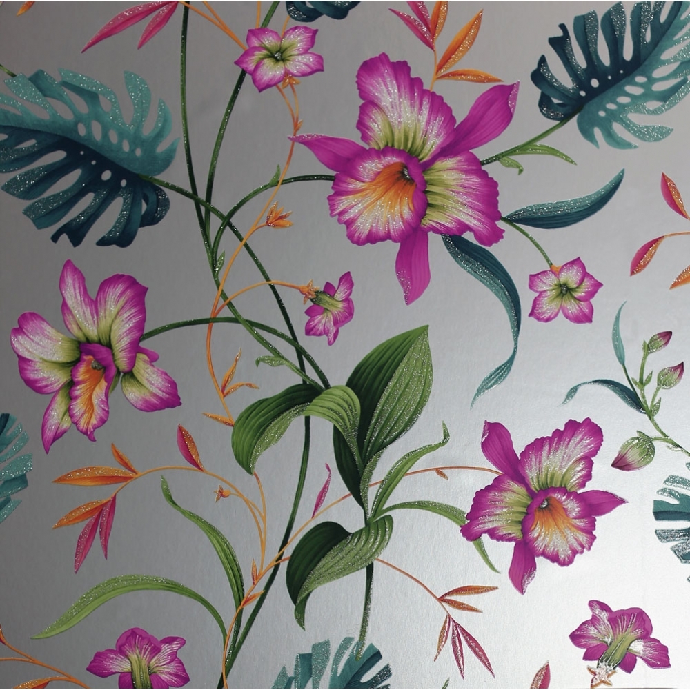 Tahiti Tropical Floral Wallpaper Silver from I Love Wallpaper UK