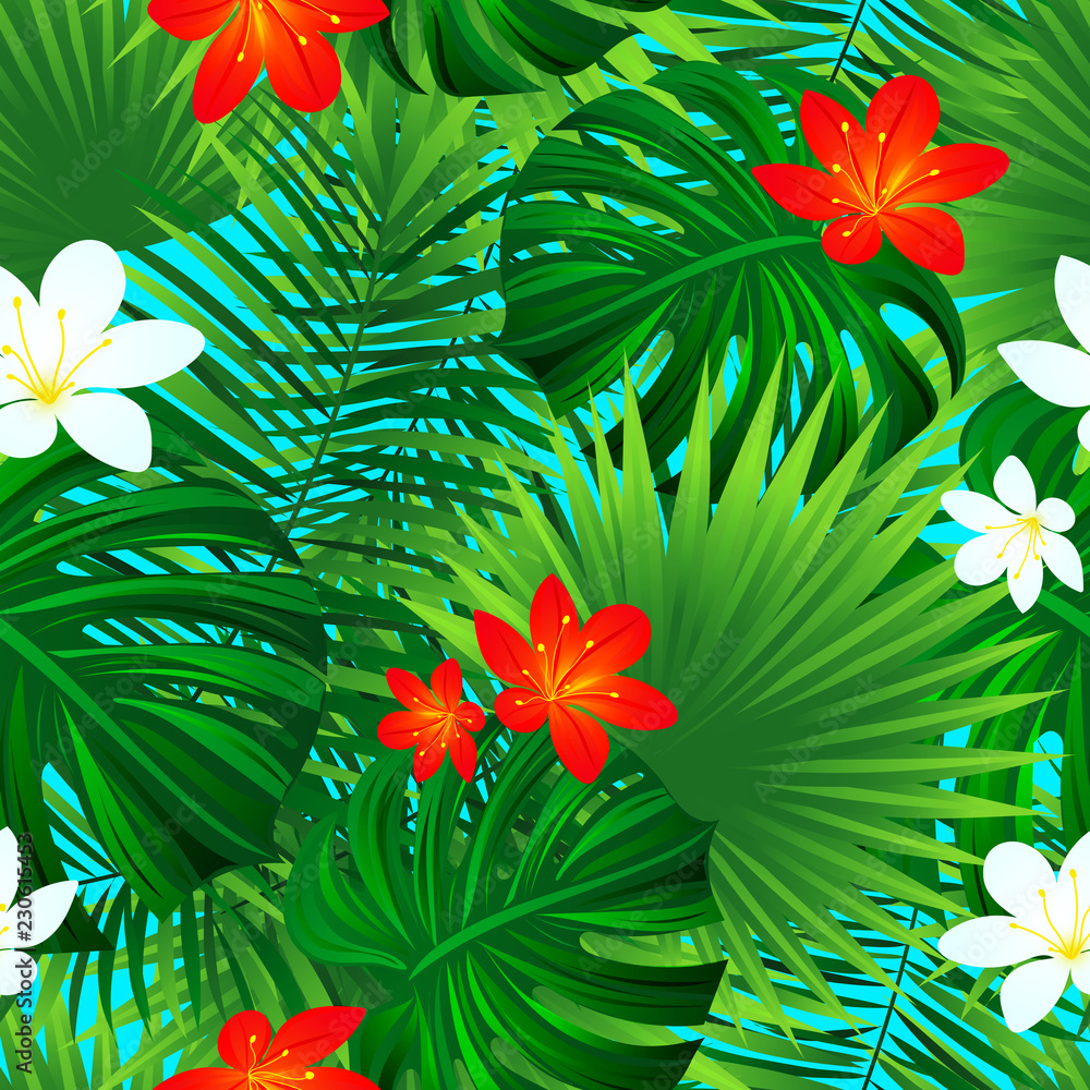 Floral seamless pattern. Vector tropical repeated texture. exotic tropic flowers, leaves background. beautiful jungle wallpaper. Summer, travel, home decor, textile, clothes prints, fabric design. Stock Vector