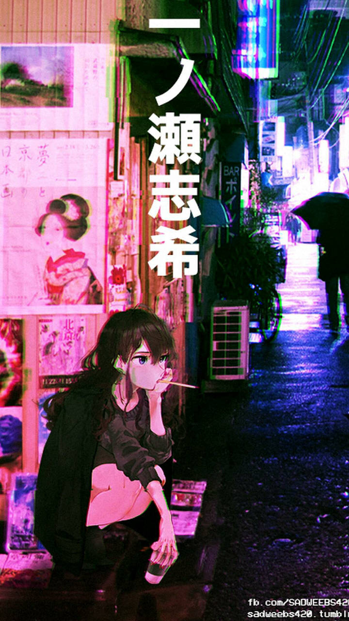 Download Sad Anime Girl In Japanese City Aesthetic Wallpaper