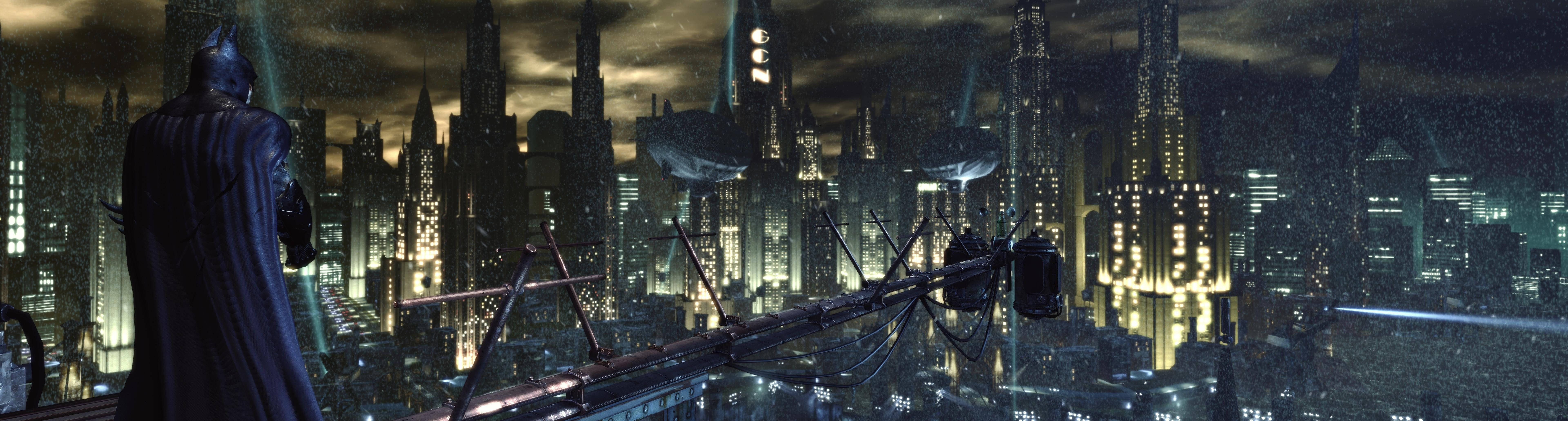 Download 4K Dual Monitor Batman Overlooking Gotham City Wallpaper