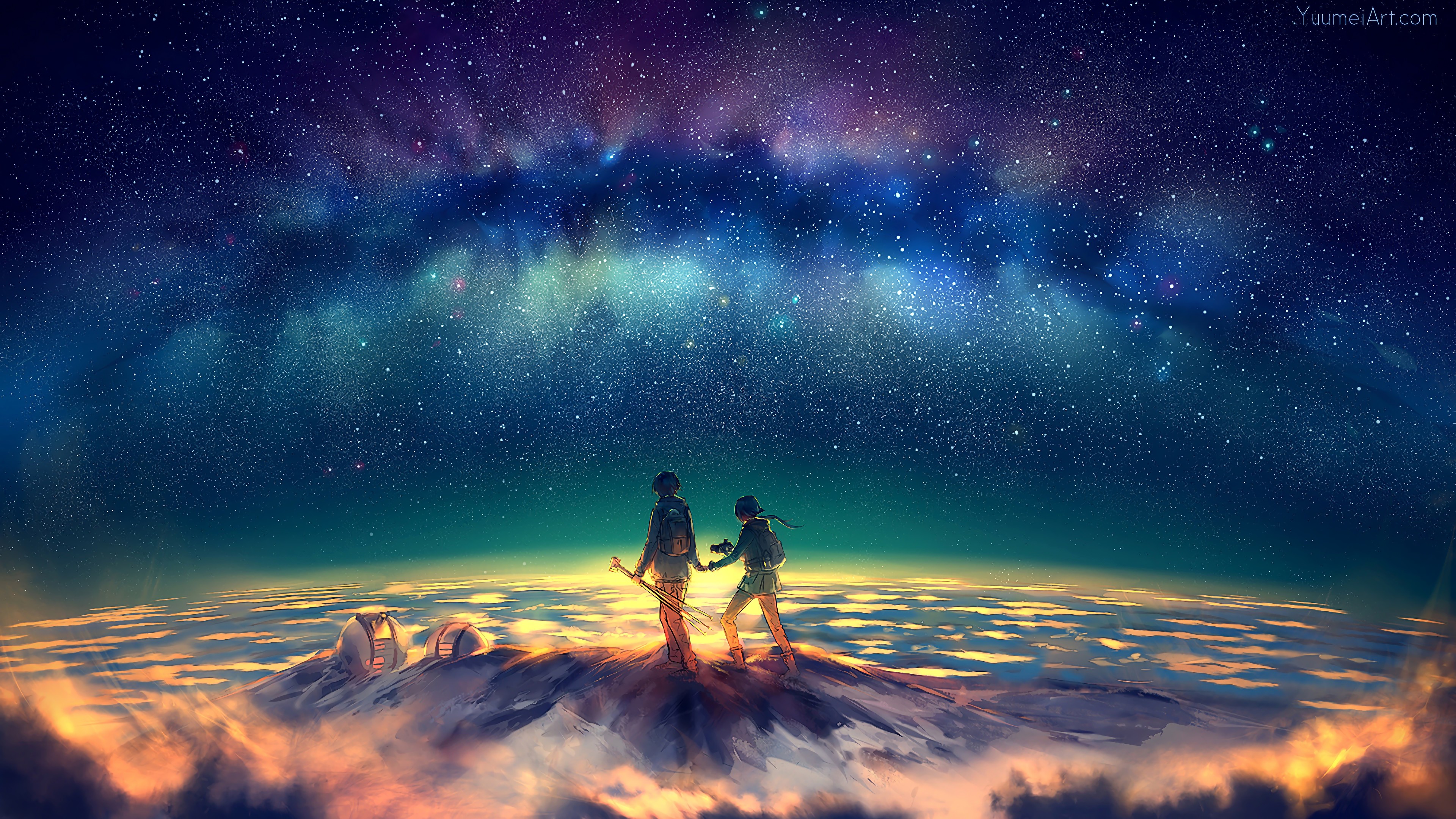 Anime, Stars, Night, Sky, Summit, 4K, 3840x2160 Gallery HD Wallpaper
