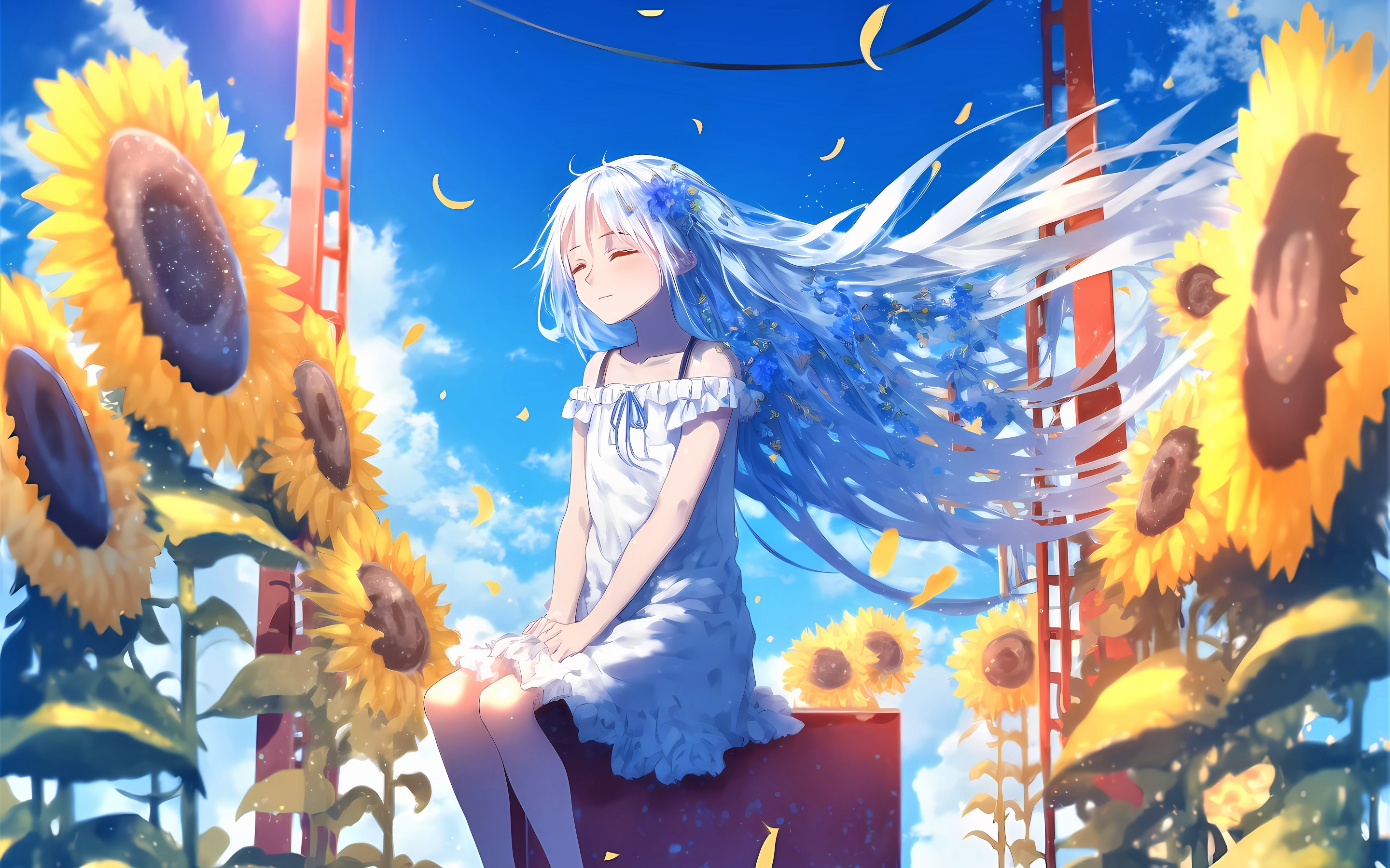 Happy girl Wallpaper 4K, Sunflowers, Anime girl, Anime