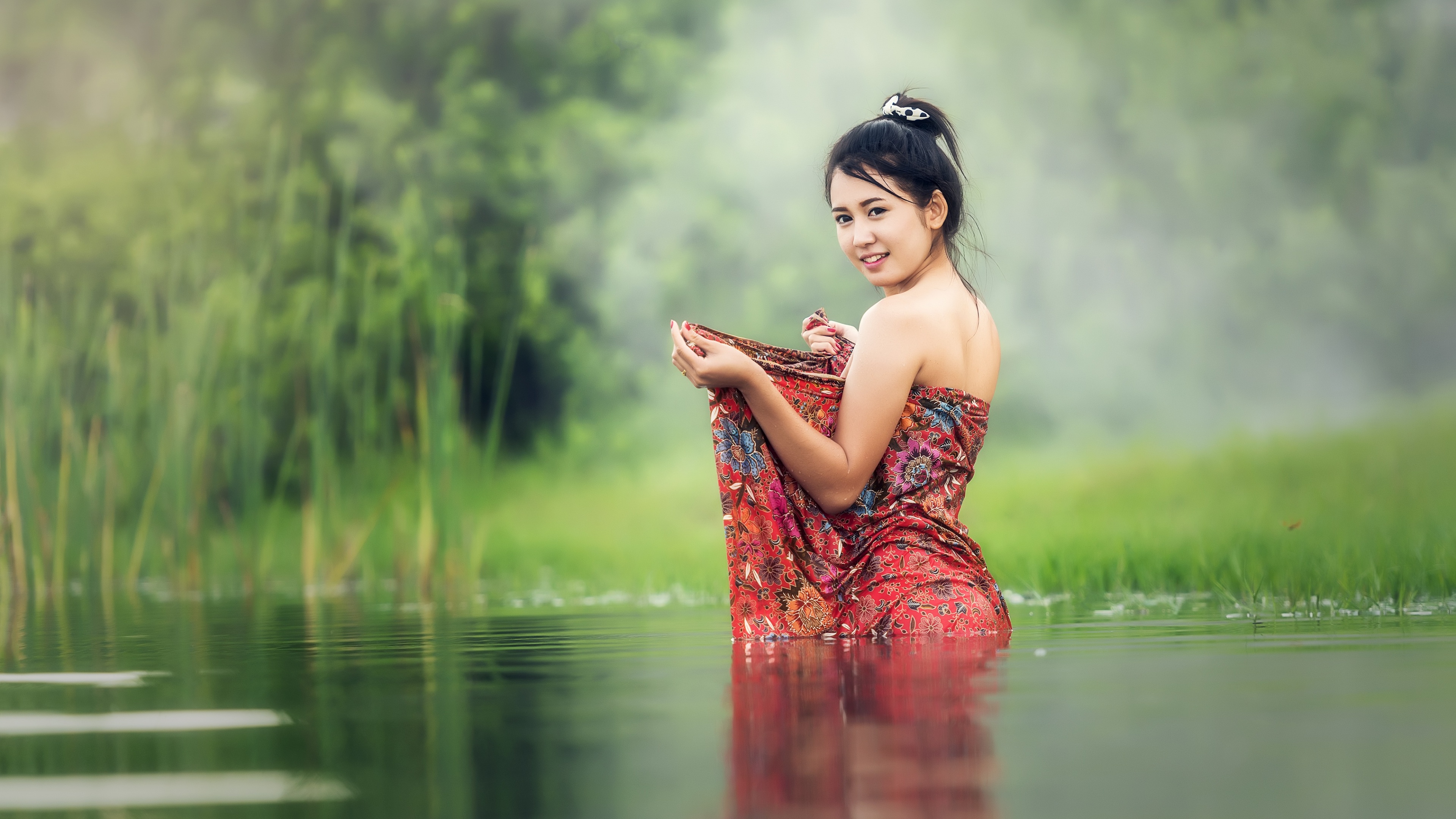 Asian Girl Wallpaper 4K, Teen, Lake