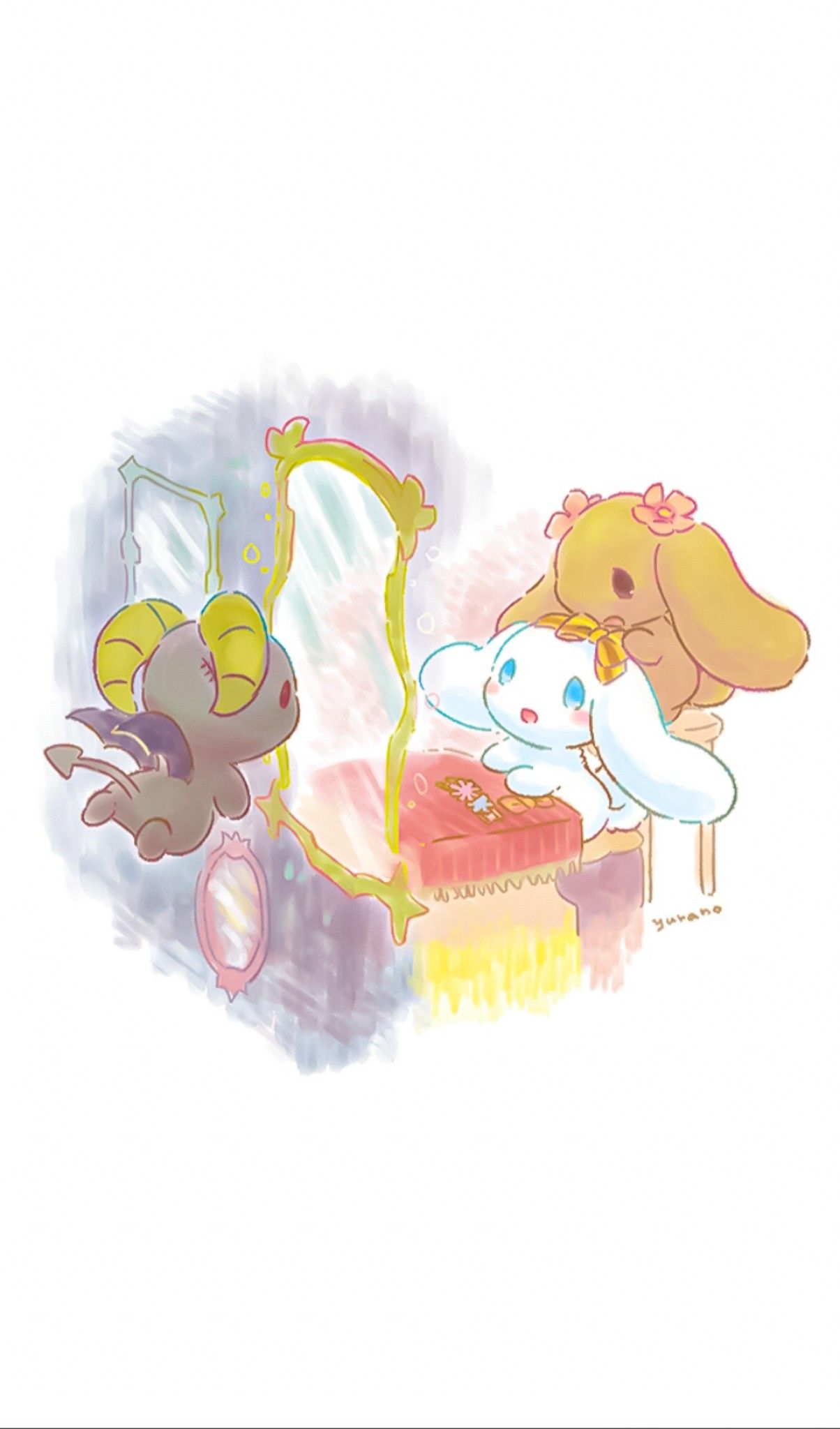 Mocha putting a bow on Cinnamoroll while Berry watches. Sanrio wallpaper, Sanrio characters, Hello kitty