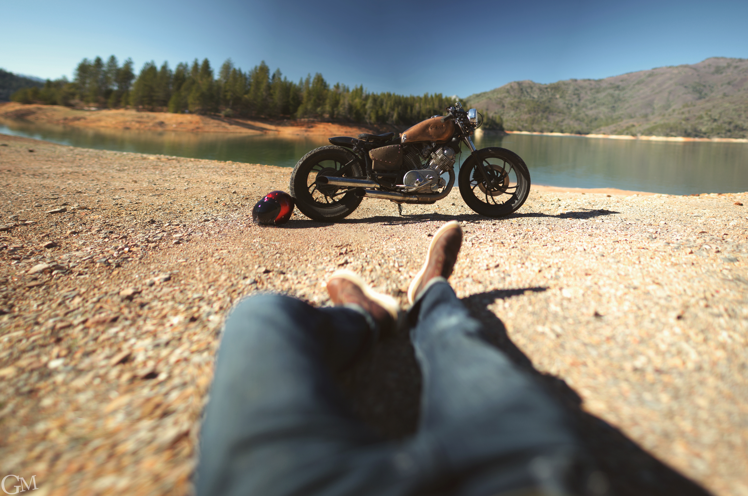 Wallpaper, California, lake, water, photo, cafe, view, shot, great, motorbike, motorcycle, Yamaha, shasta, virago, racer, Bobber, xv750, garrettmeyers 3000x1991