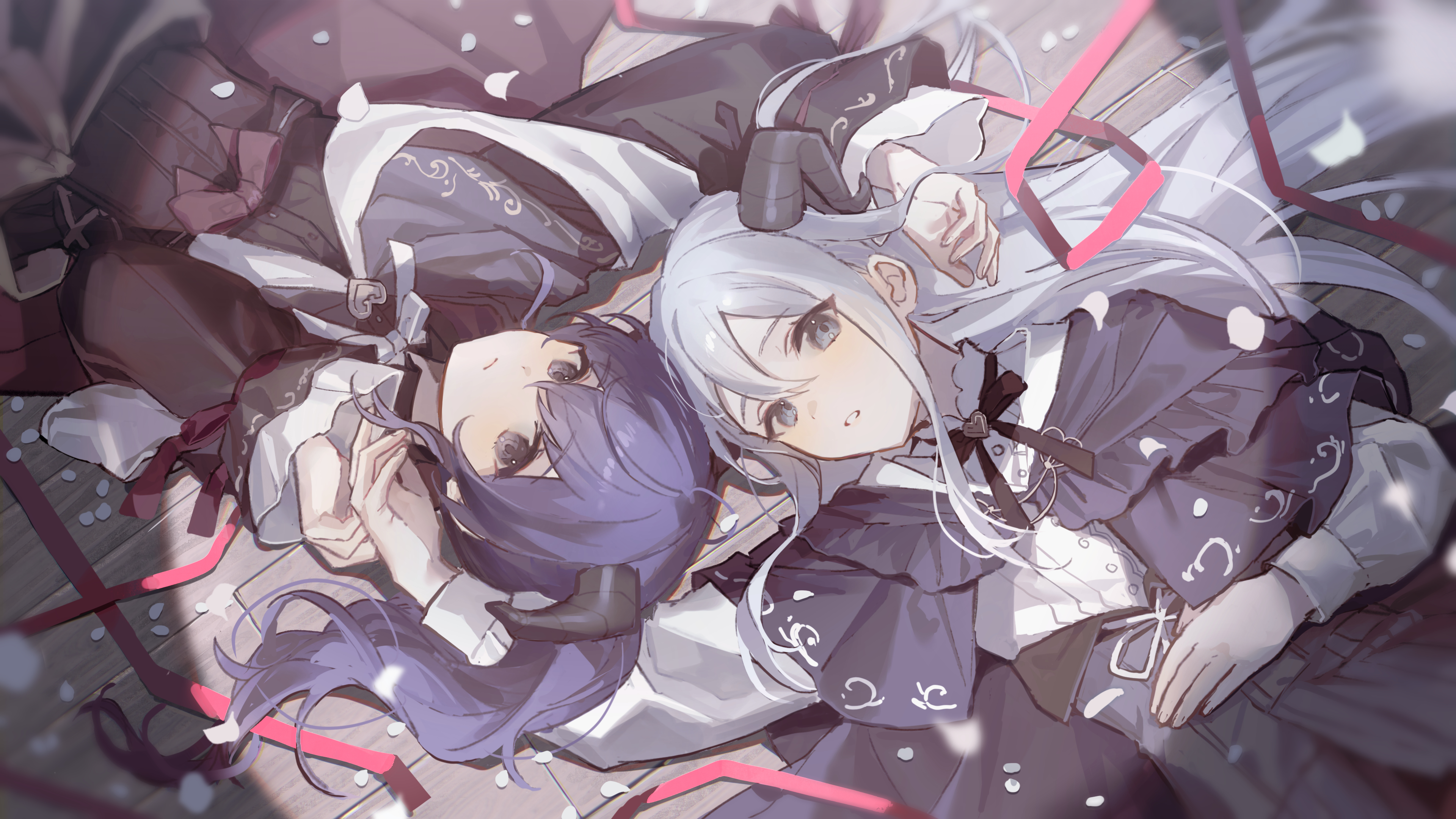 2girls Asahina Mafuyu Goth Loli Gray Eyes Gray Hair Horns Lolita Fashion Long Hair Oyuyu Petals Ponytail Project Sekai Purple Eyes Purple Hair Ribbons Yoisaki Kanade. Konachan.com.com Anime Wallpaper