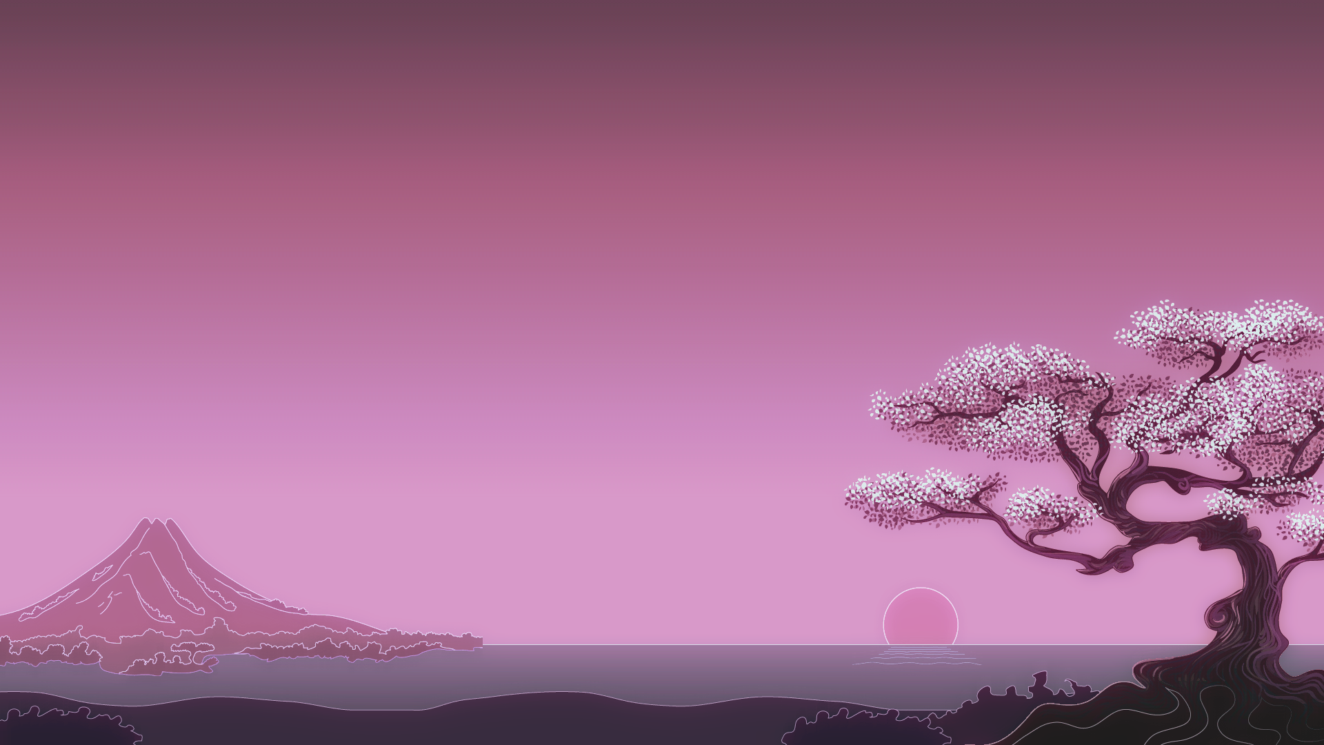 Wallpaper / minimalism, digital art, trees, Sun, simple background, Japan, pink free download