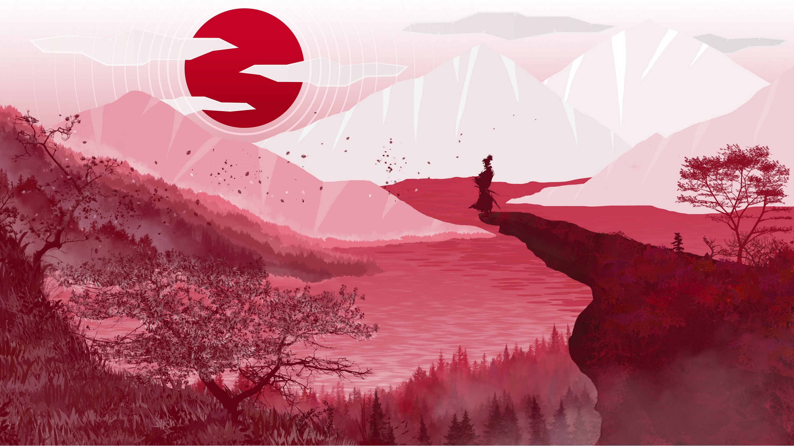 Wallpaper / digital, digital art, artwork, illustration, drawing, painting, digital painting, landscape, pink, pink background, nature, trees, forest, wood, clouds, mountains, environment, concept art, silhouette, sunrise, sunset, Japan