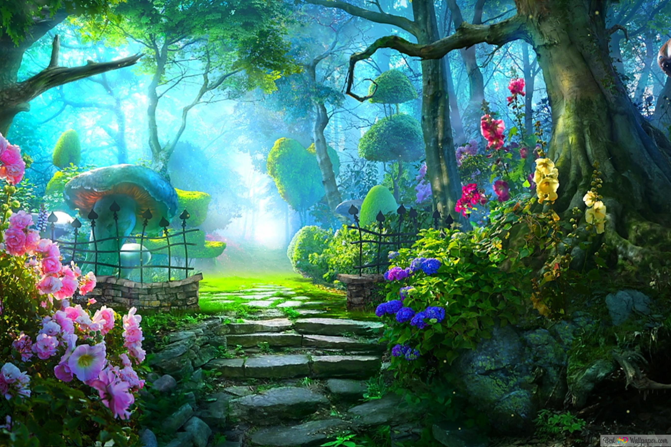 Stone road with flowers around it in the forest 4K wallpaper download