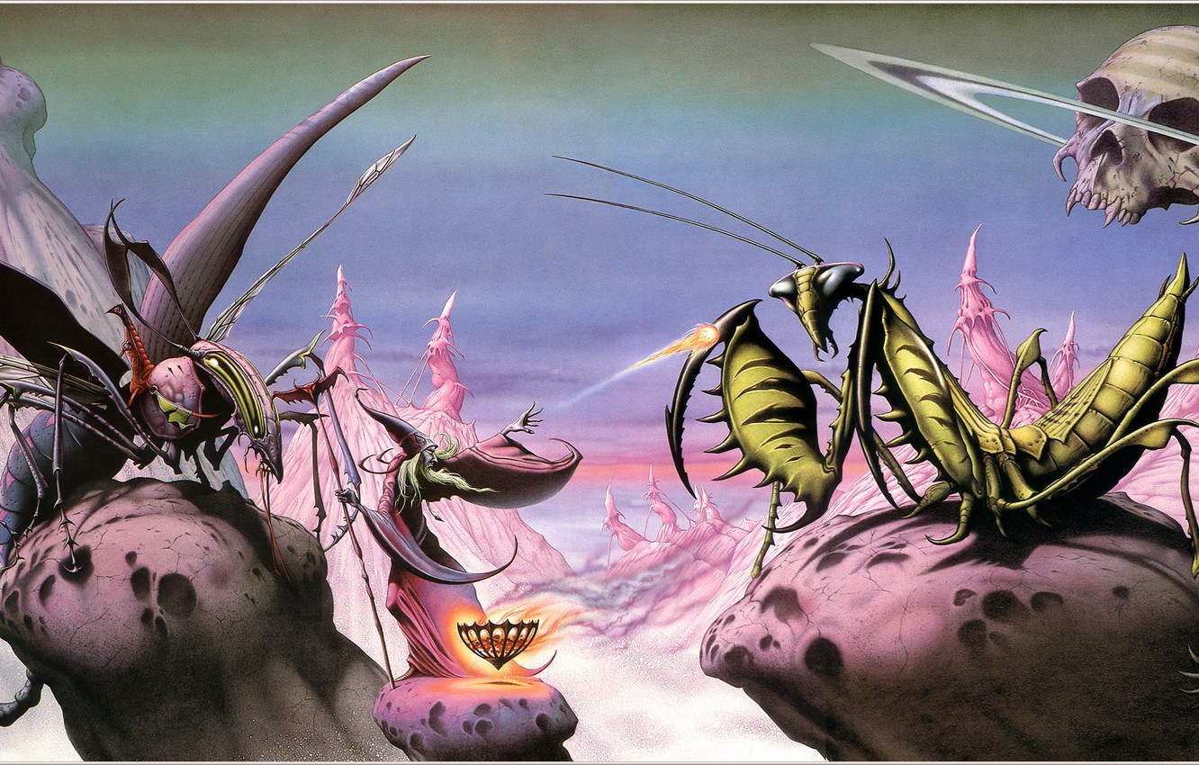 Wallpaper insects, fiction, rocks, skull, mantis, Rodney Matthews image for desktop, section живопись