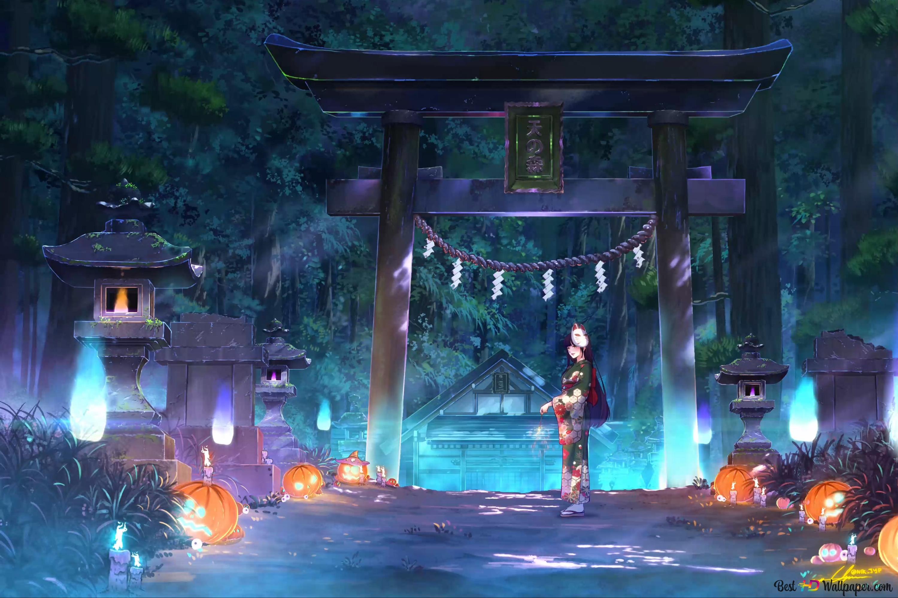 Shrine Priestess Celebrating Yokai Festival 2K wallpaper download