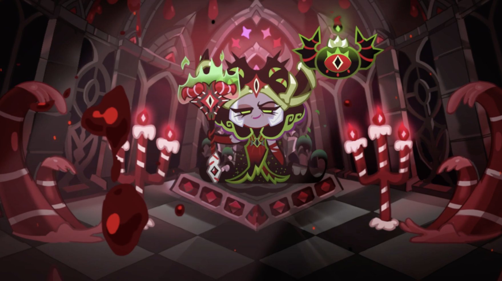 CookieRun Enchantress Cookie has become Chaos Incarnate, gazing upon the lands of the Darkness. With her Pet, the Eternal Eye of Darkness, it's time to bring Darkness upon the