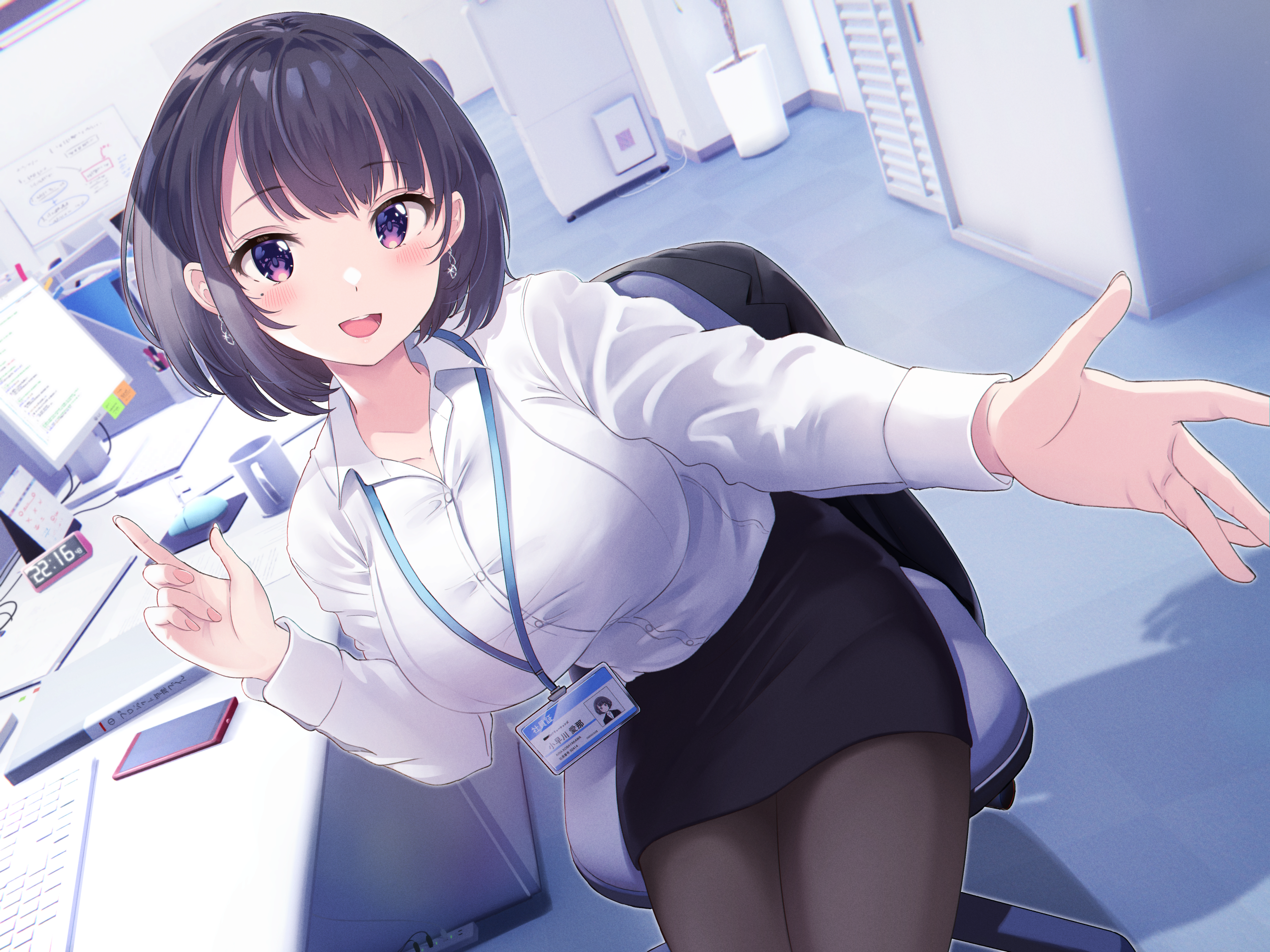 anime, white shirt, smile, blush, skirt, anime girls, short hair, sitting, Shiokazunoko, office, dark hair, office girl Gallery HD Wallpaper