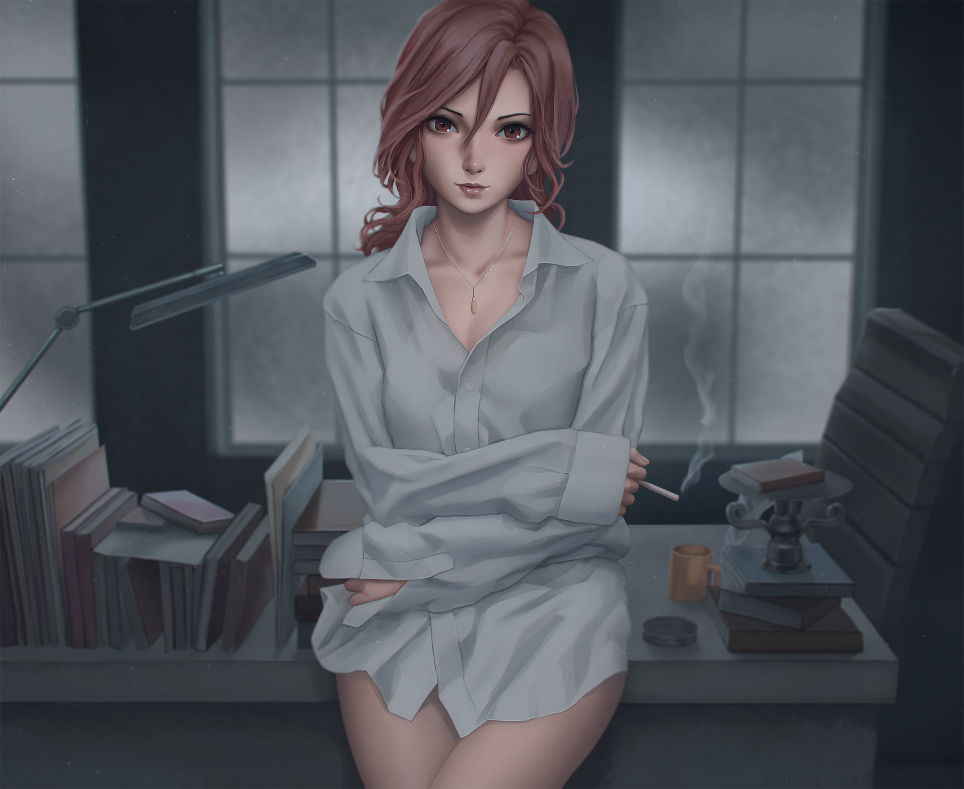 Aozaki Touko Cigarettes Frontal View Office Girl Drawing Looking At Viewer Sitting Digital Art Women Wallpaper:1980x1620