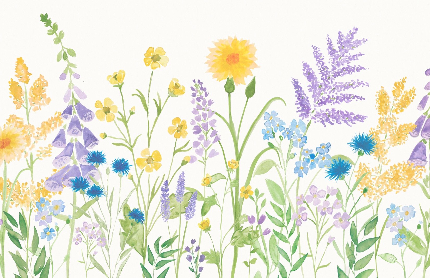 Lilac & Green Wildflower Watercolor Wallpaper Mural