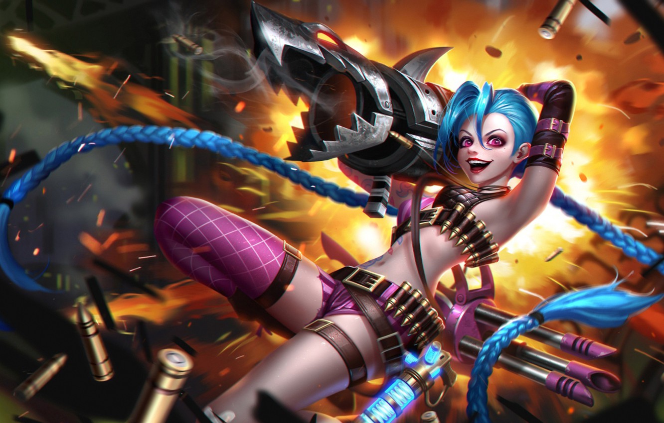 Wallpaper girl, smile, hair, art, Bazooka, League of Legends, jinx, loose cannon image for desktop, section игры