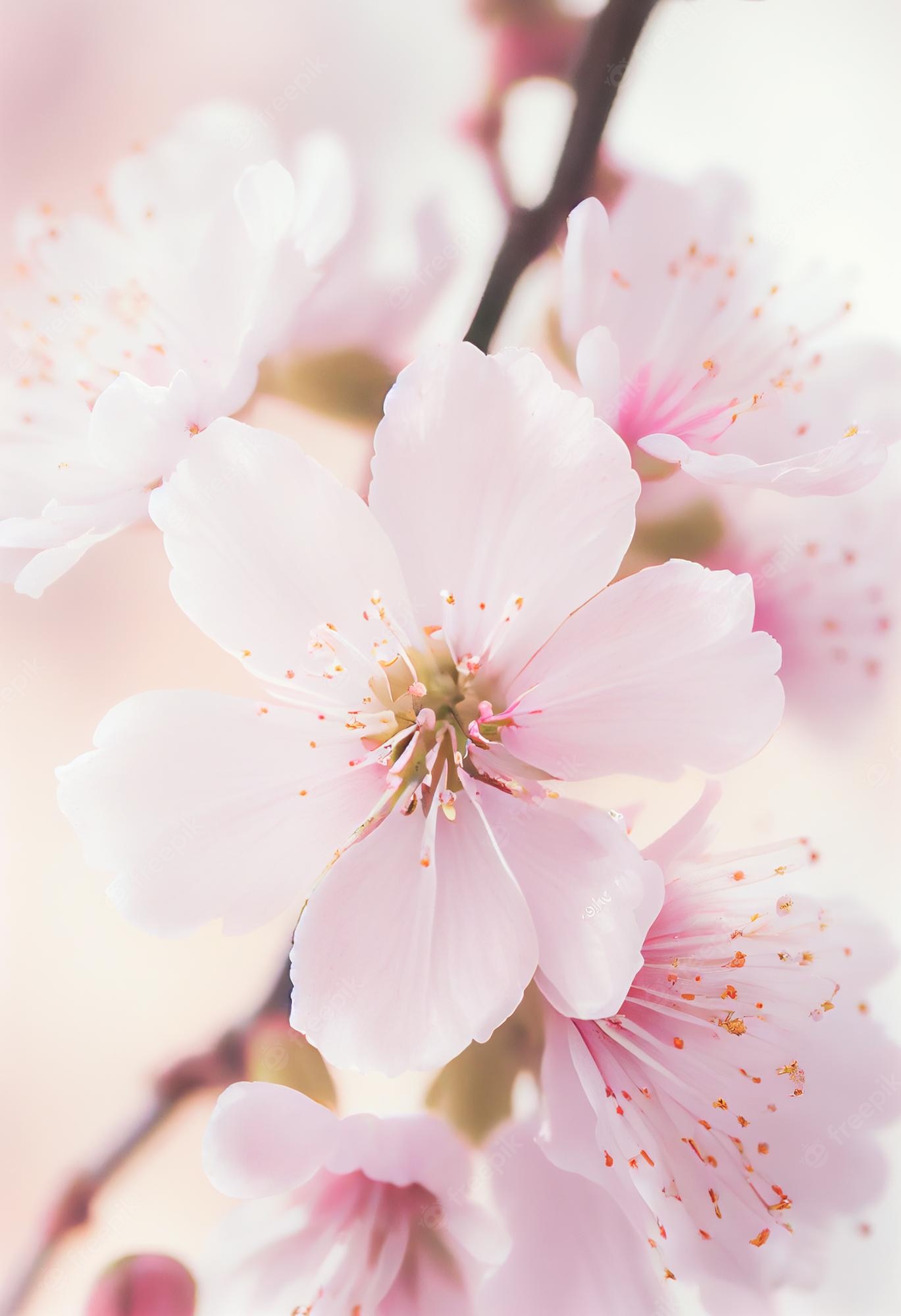 Premium Photo. Spring cherry blossom against pastel pink and white background shallow depth of field dreamy effect