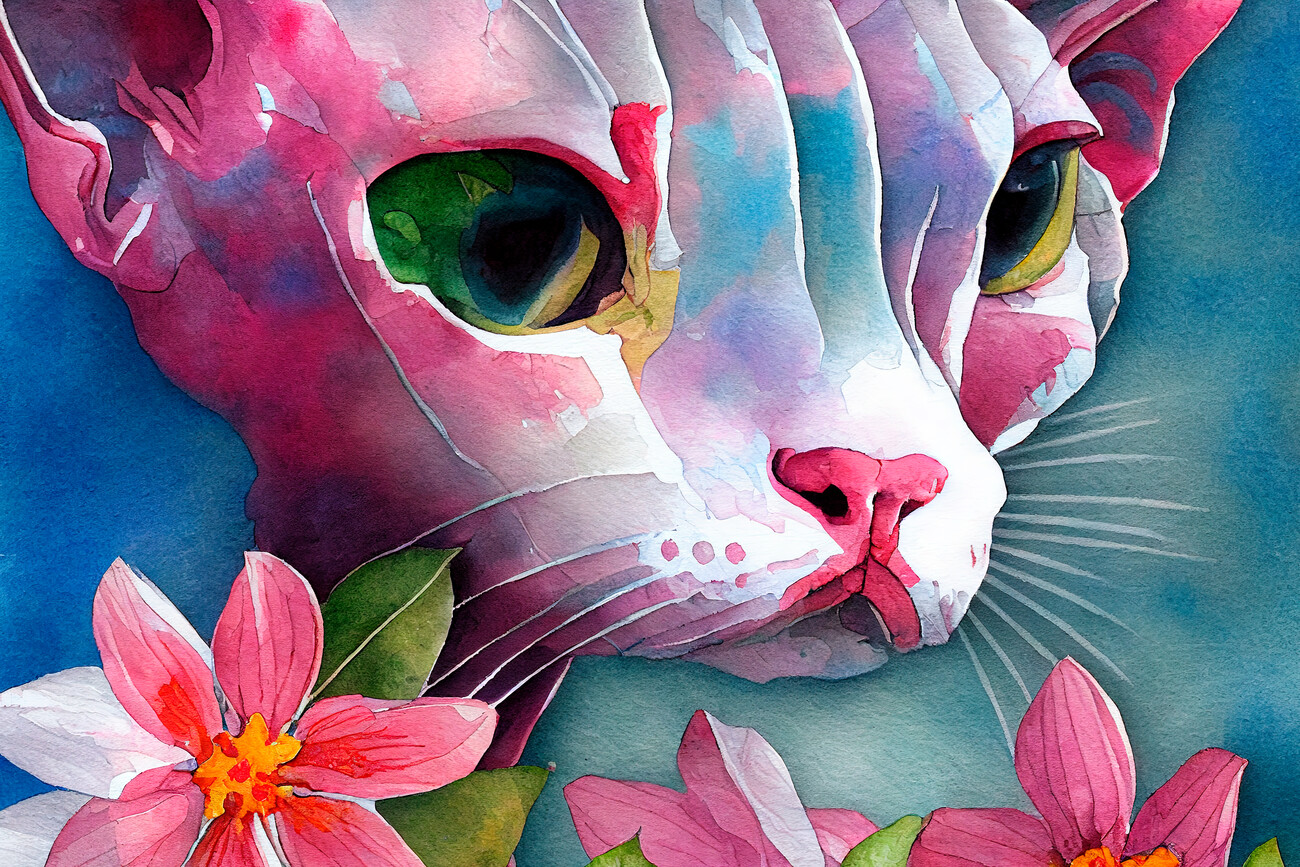Sphynx cat in flowers painted with watercolor Wall Mural