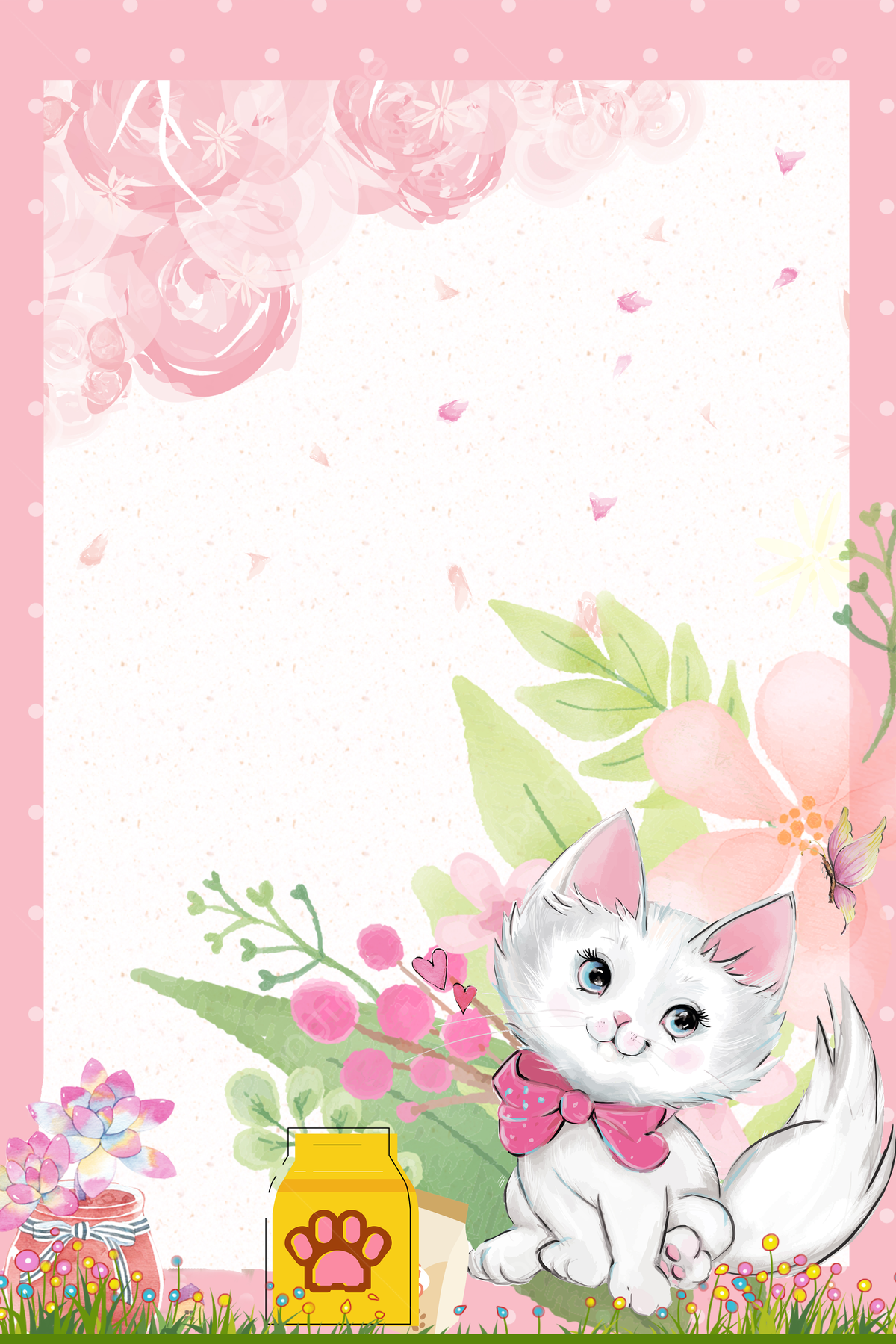 Spring Pet Cat Flower Border Background, Cute, Border, Pink Background Image for Free Download