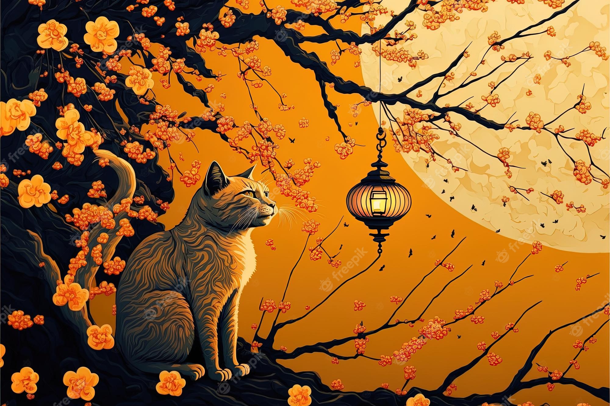 Premium Photo. Generative ai abstract design chinese new year cute cats with spring colors surreal fantasy apricot blossom happy new year concept 2023 year of cat lunar new year