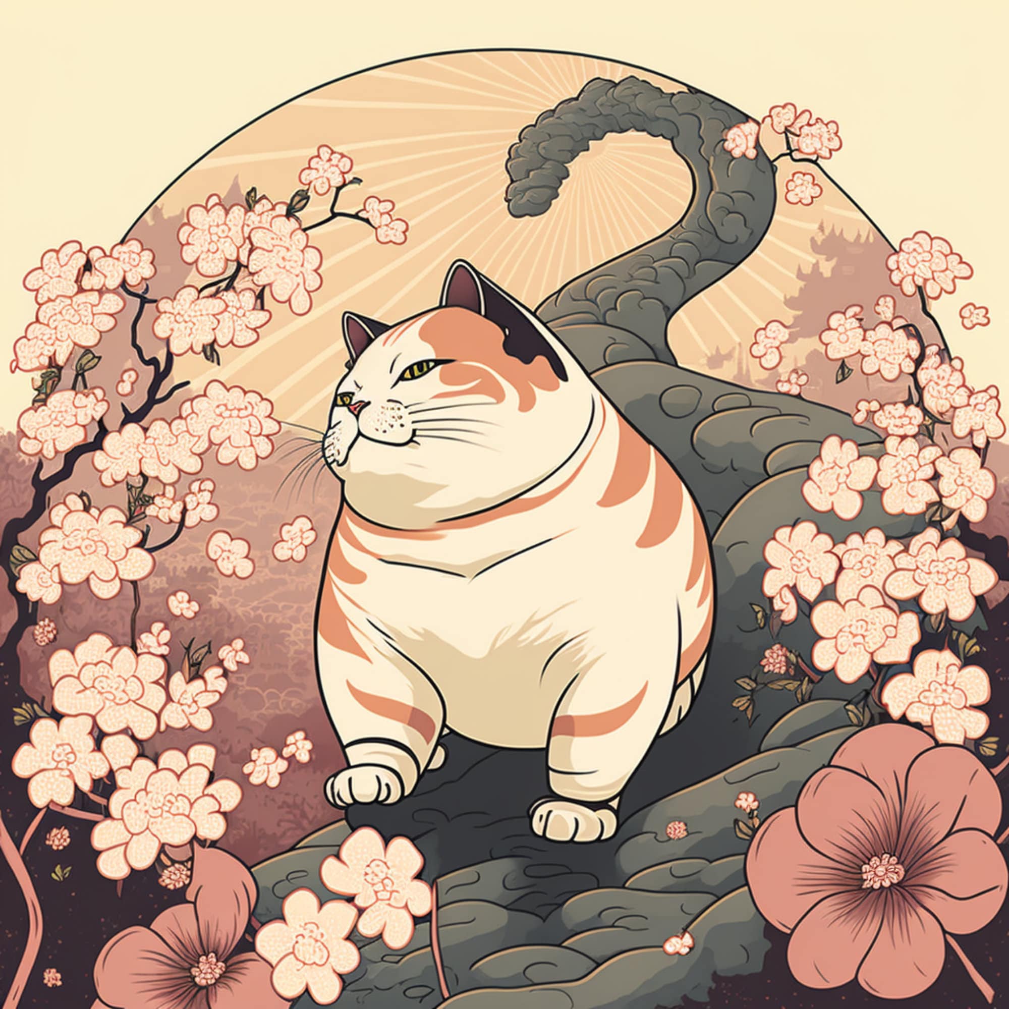 Ukiyo E Fat Cat Meme Walking In Sunshine Japanese Style Art