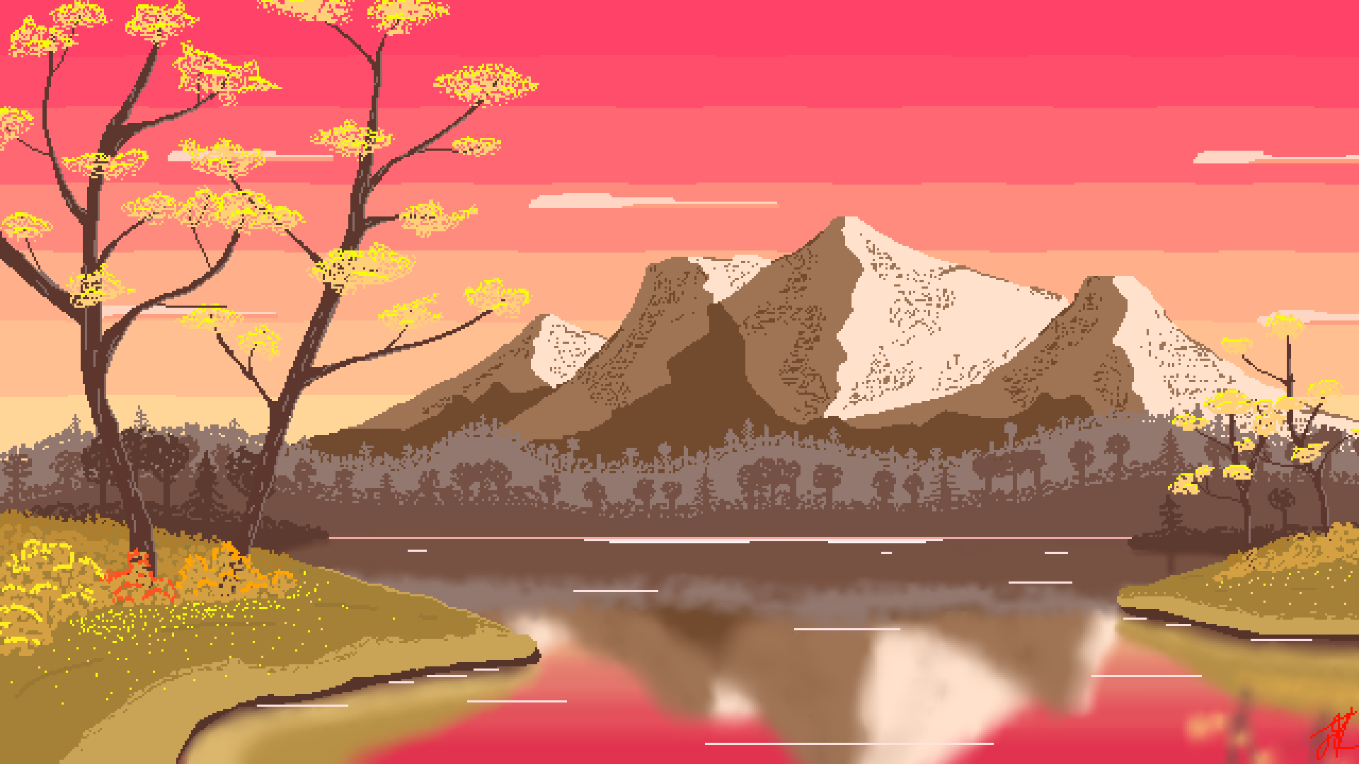 Wallpaper / nature, landscape, pixel art, pixelated, pixels, mountains, Wavestormed, trees, spring, forest, lake, reflection, pink clouds free download