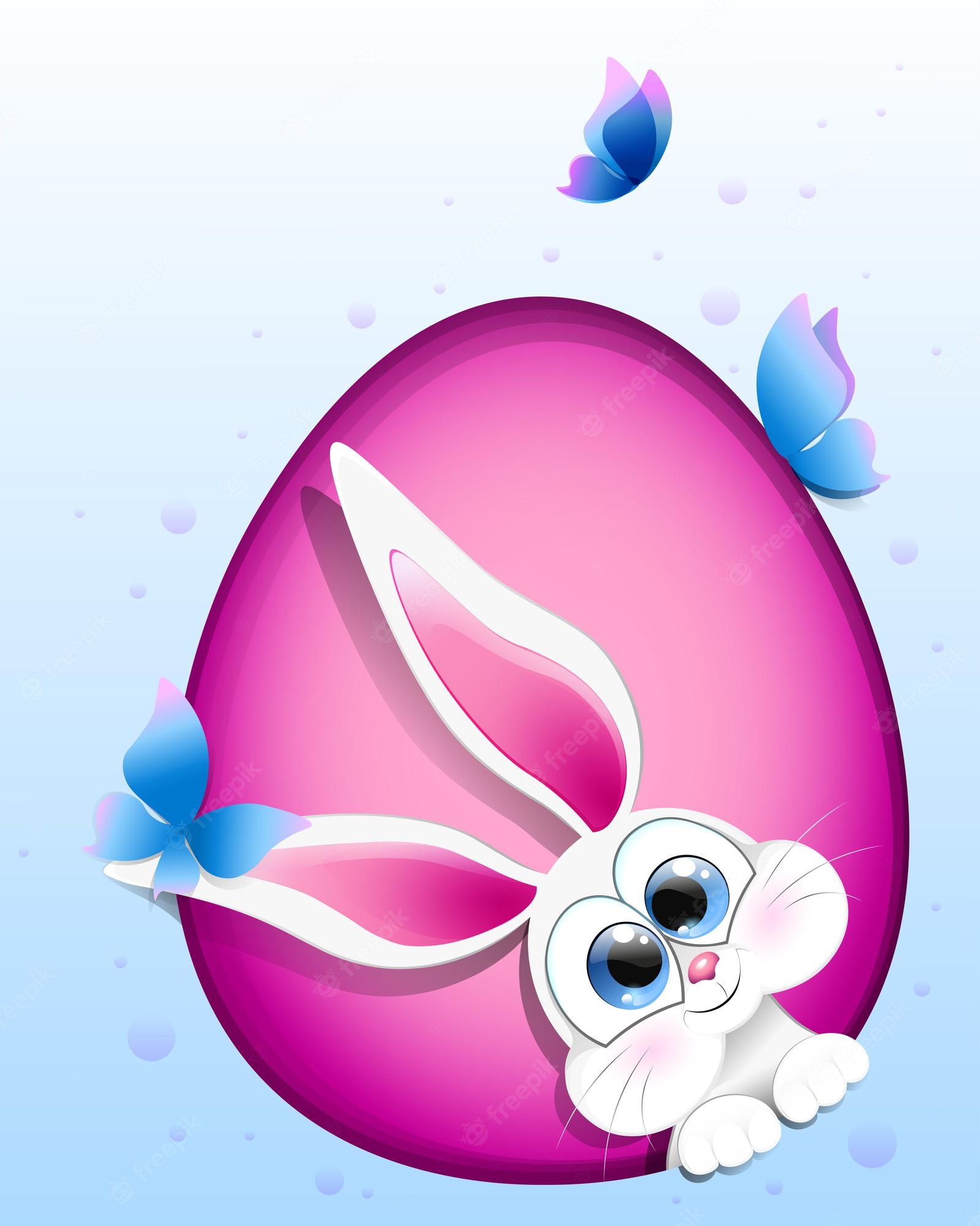 Premium Vector. Cartoon funny easter bunny peeking out of a pink paper cut egg shape hole