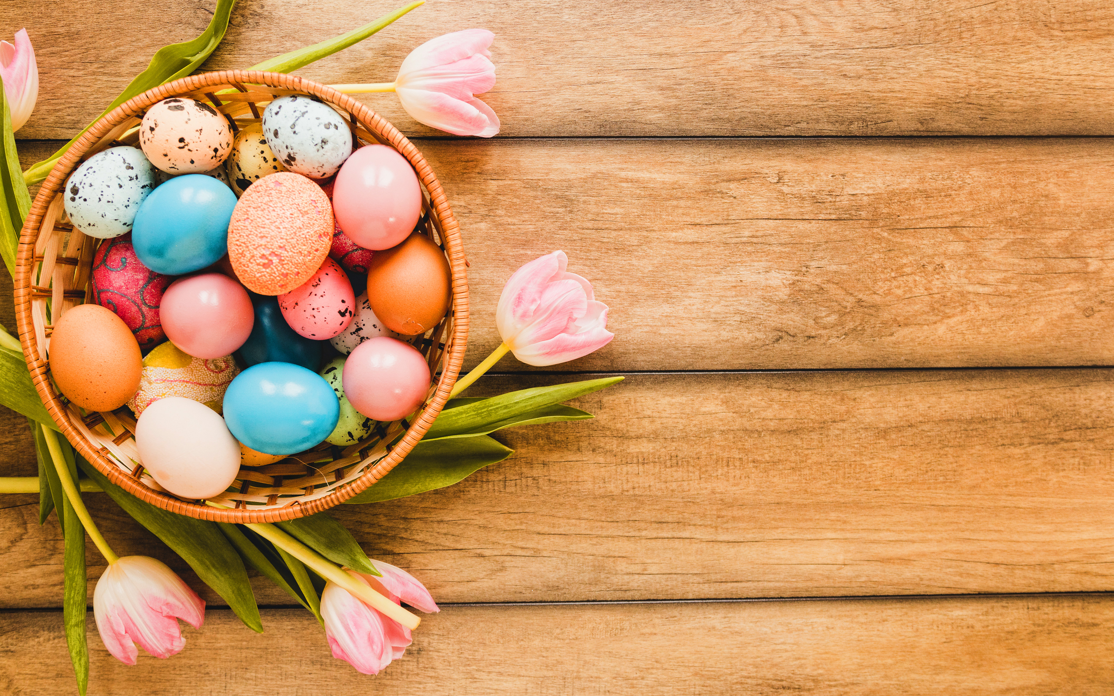 Download wallpaper Easter concepts, 4k, easter eggs, pink tulips, Happy Easter, creative, wooden background, easter attributes, easter frames for desktop with resolution 3840x2400. High Quality HD picture wallpaper