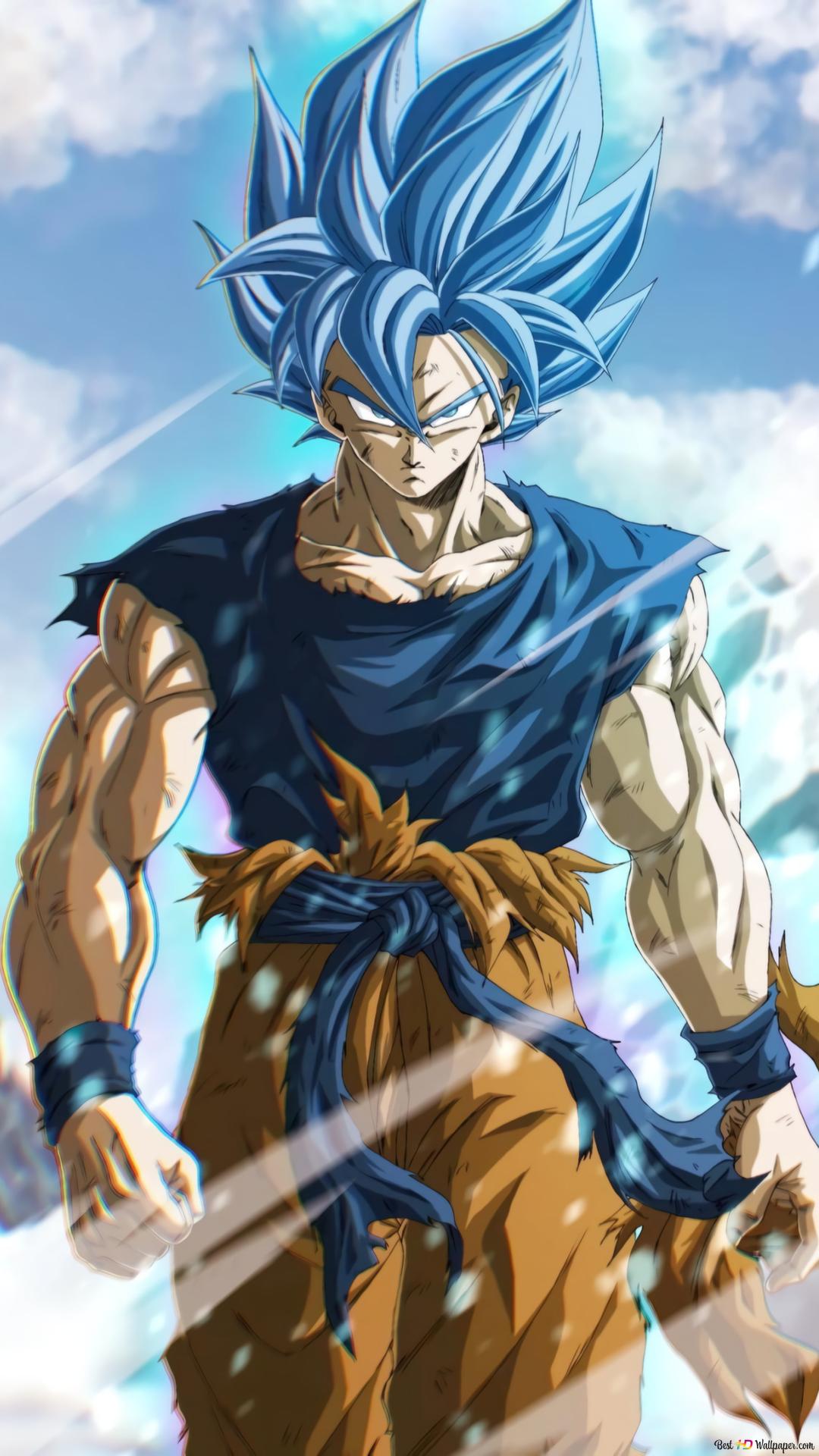 Anime character Son Goku with blue hair, muscular body, brown pants and angry blue eyes 2K wallpaper download