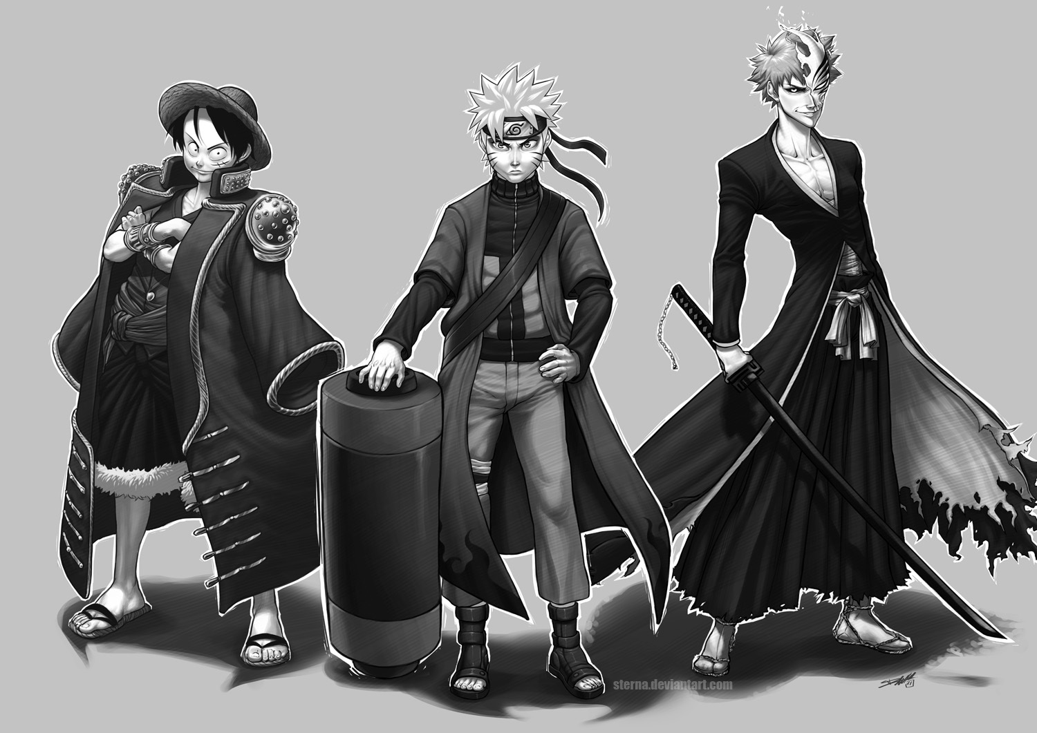 uzumaki naruto, monkey d. luffy, kurosaki ichigo, and hollow ichigo (one piece and 4 more) drawn