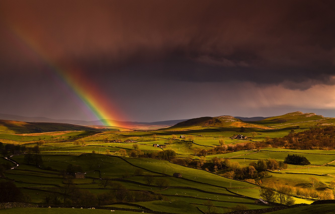 Wallpaper the sky, hills, field, England, home, rainbow, spring image for desktop, section пейзажи