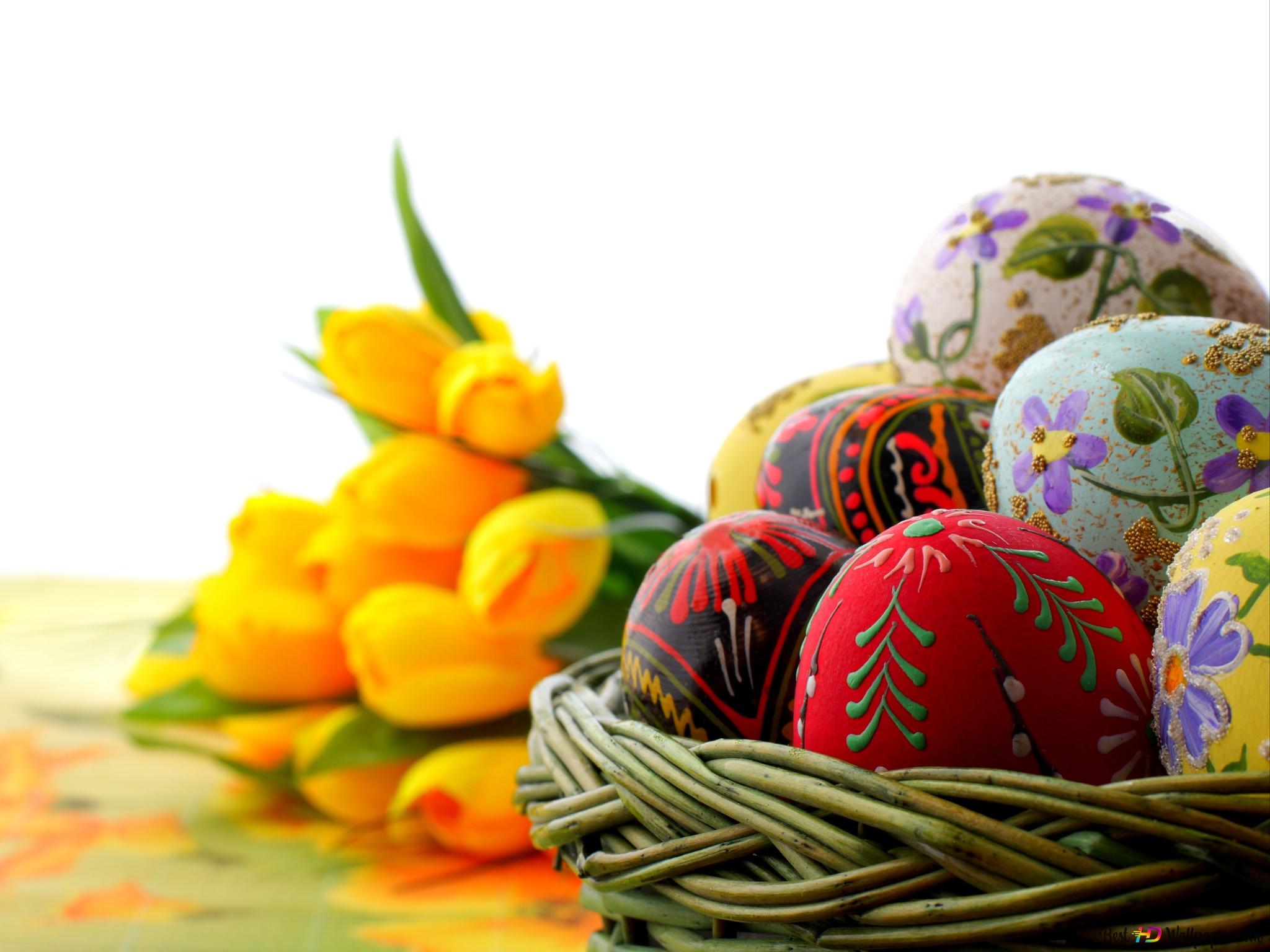 Easter aesthetic painted eggs in a basket and a bunch of yellow tulips 8K wallpaper download
