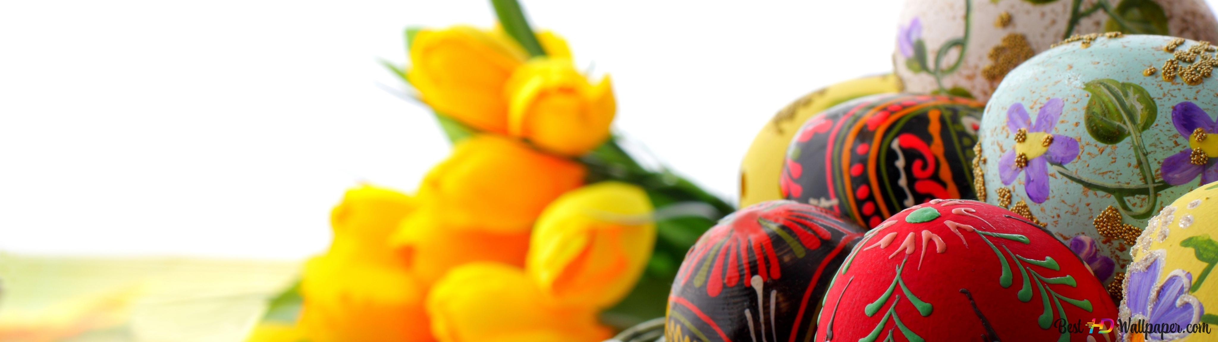 Easter aesthetic painted eggs in a basket and a bunch of yellow tulips 8K wallpaper download