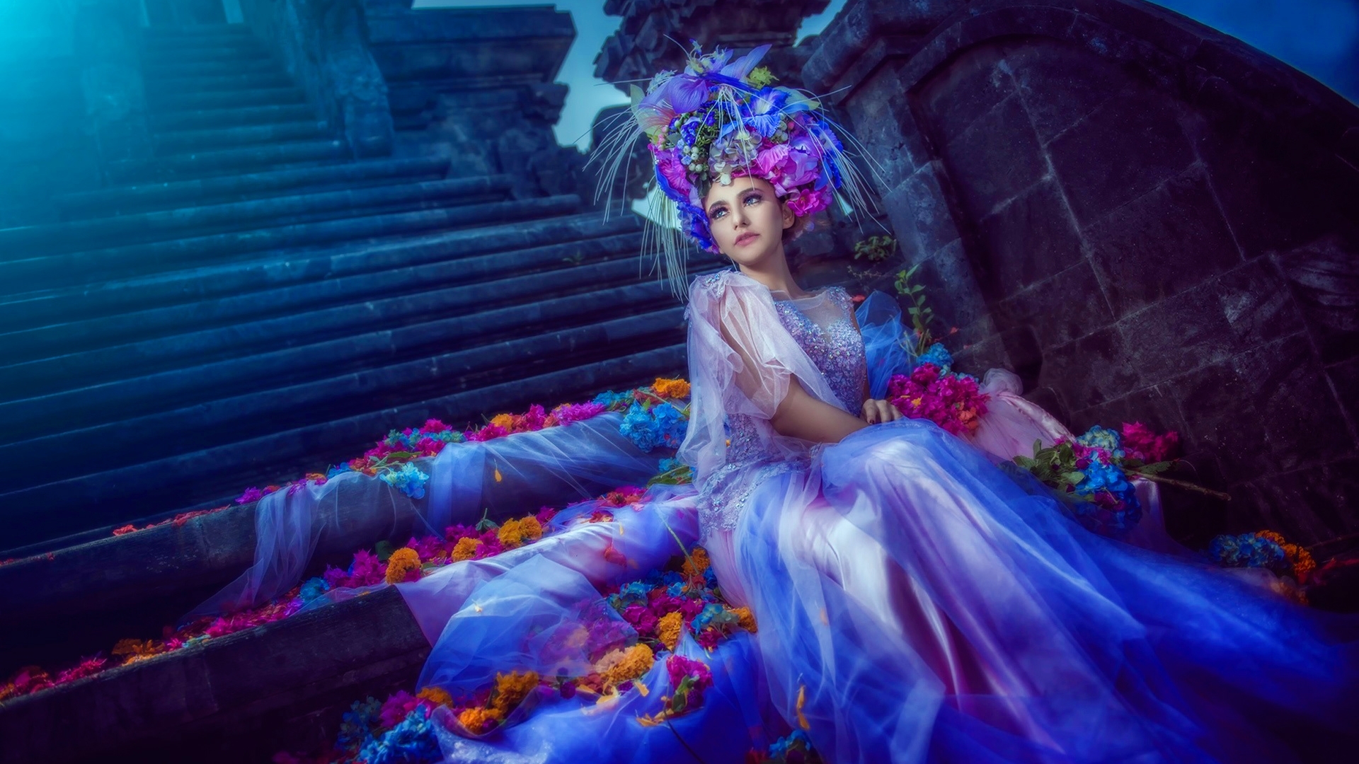 Wallpaper / girl, stairs, woman, blue, pretty, art, veils, flower crown, photography, fantasy, wallpaper free download