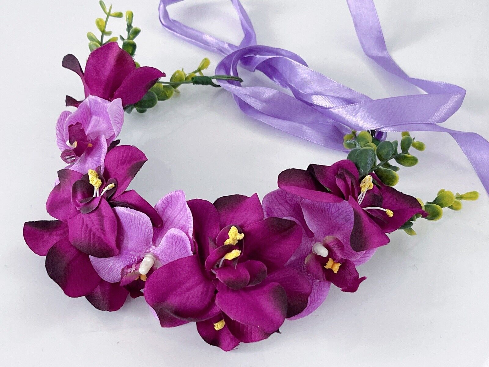 Women Dark Purple Orchid Flower Girl wedding Hair head Headband Garland tiara