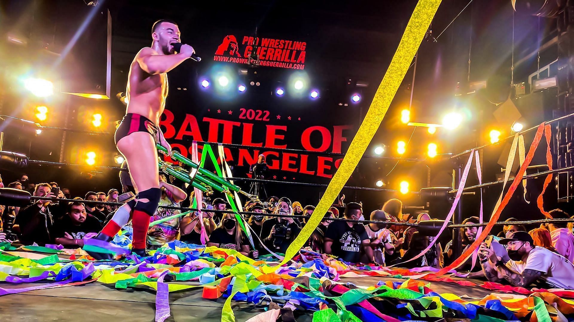 Daniel Garcia reacts after winning the PWG Battle of Los Angeles 2022 Tournament