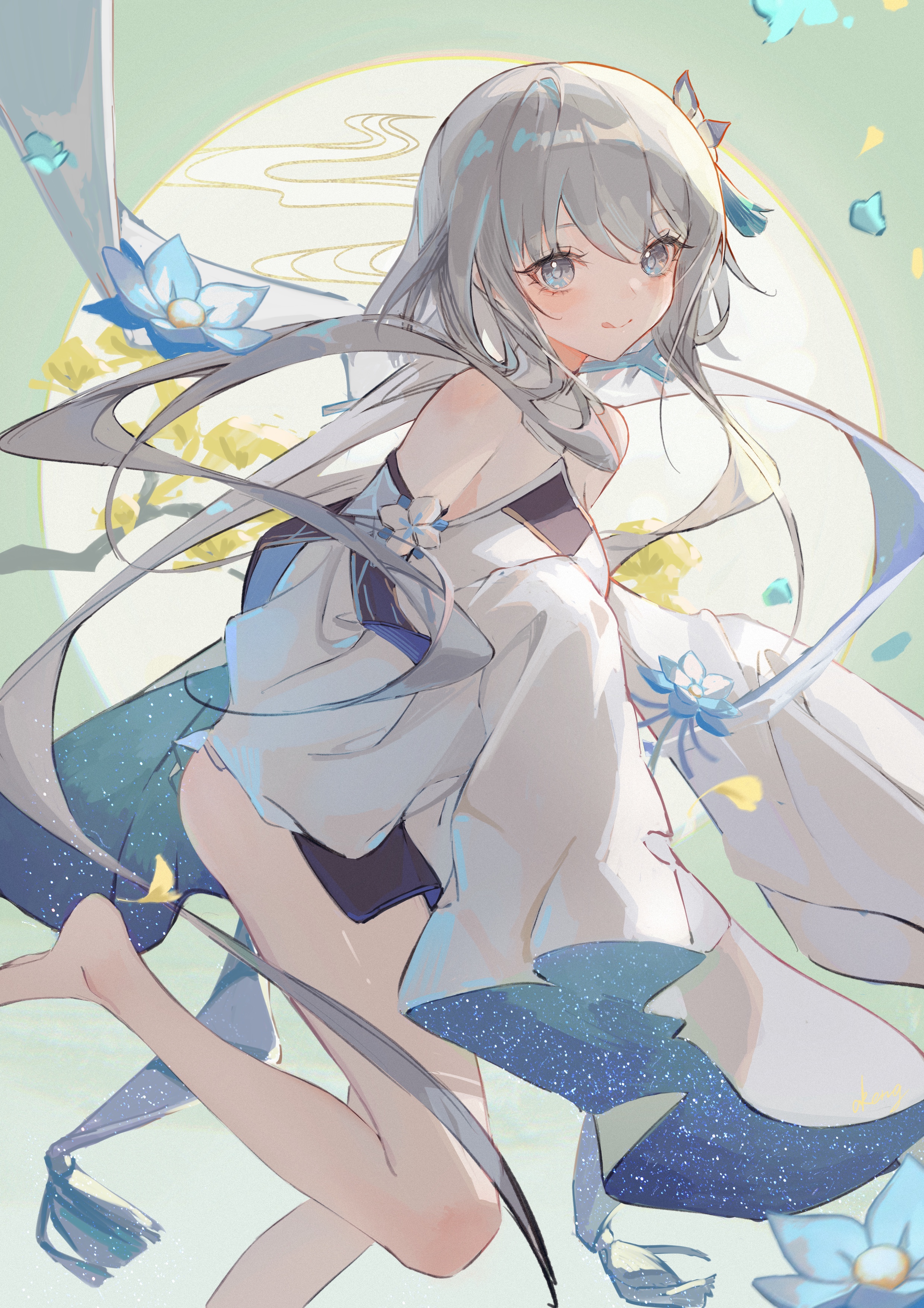 Wallpaper, Genshin Impact, artwork, Guizhong Genshin Impact, anime girls, blue eyes, gray hair, Chinese dress, YUTOU, barefoot, vertical, flowers, petals, tongue out 2480x3508