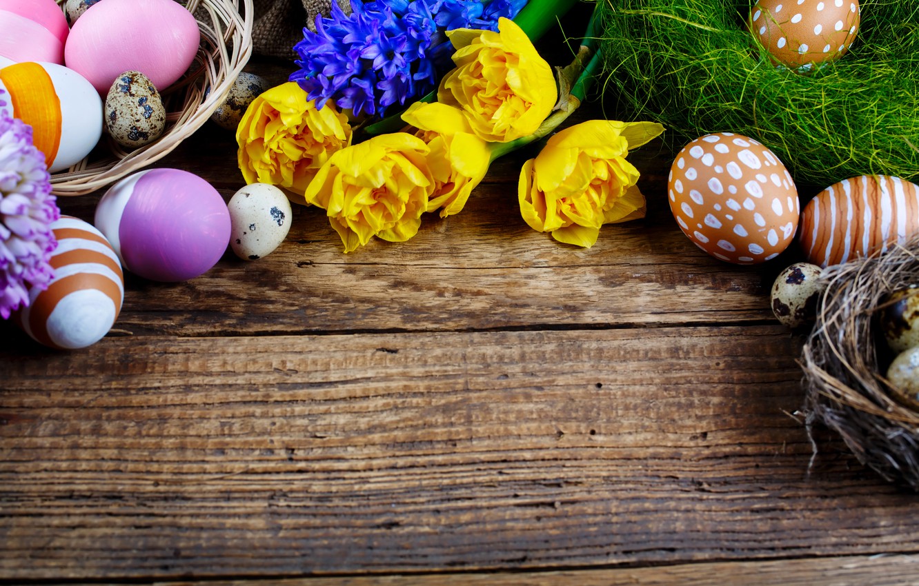 Wallpaper flowers, holiday, Board, eggs, Easter, basket, Easter, eggs, socket image for desktop, section праздники