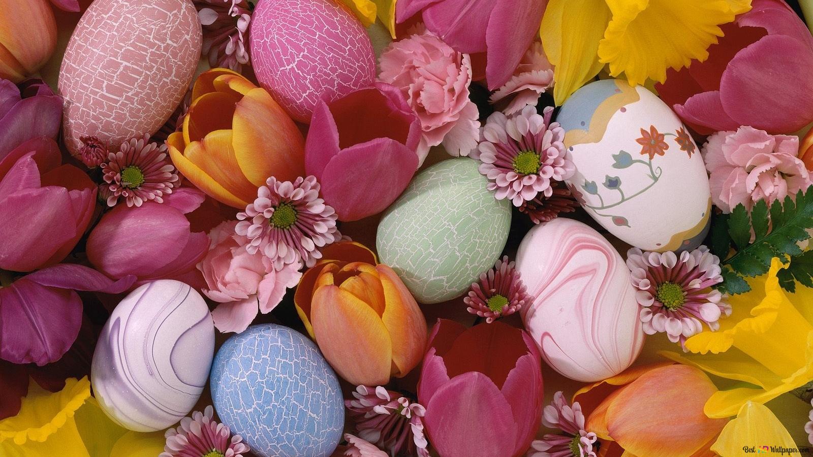 Easter feast with colorful eggs and flowers HD wallpaper download