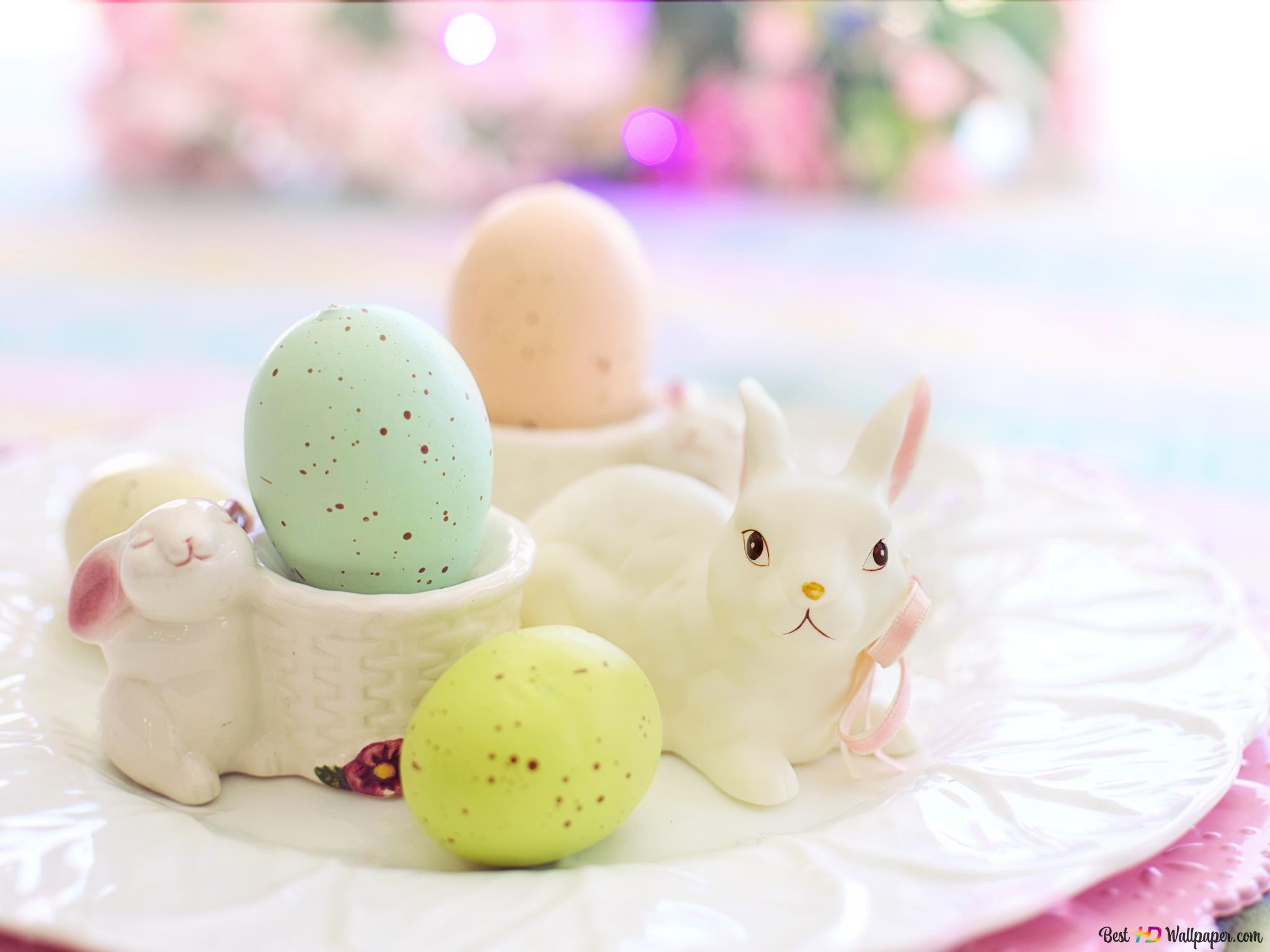 Easter white bunny figurine and bunny egg holder 4K wallpaper download