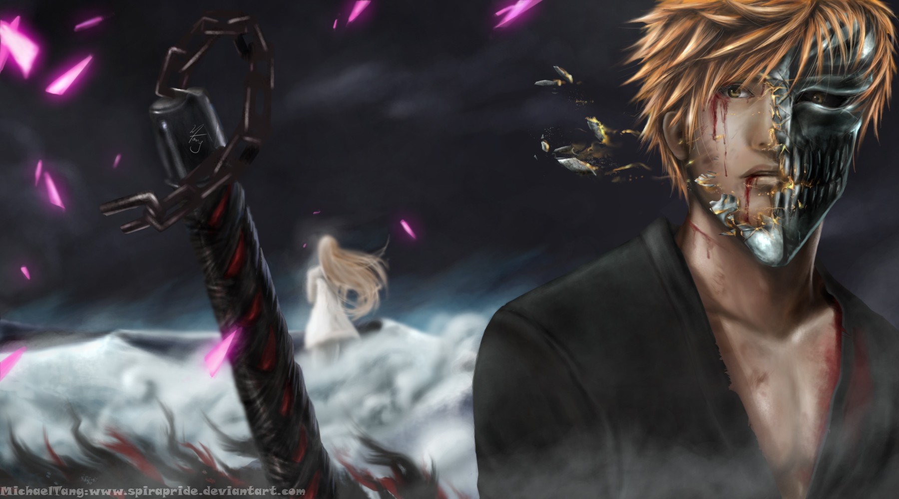 Kurosaki Ichigo, Inoue Orihime, anime, mask, petals, Bleach, fan art Gallery HD Wallpaper