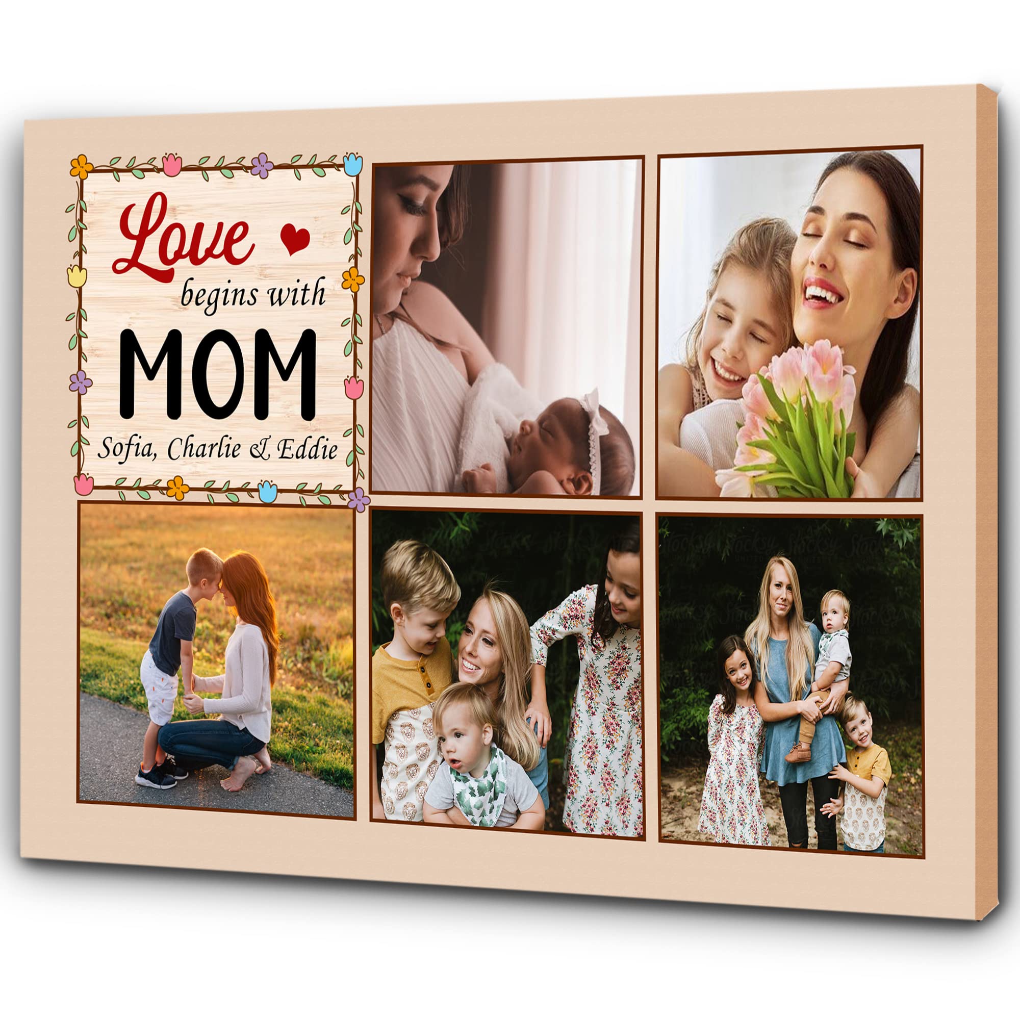 Personalized Mom Canvas. Love Begins With Mom Photo Collage Wall Art. Mother's Day Gift for Mom, Gift for Mother on Christmas Birthday. JC839 (24x16 inch)