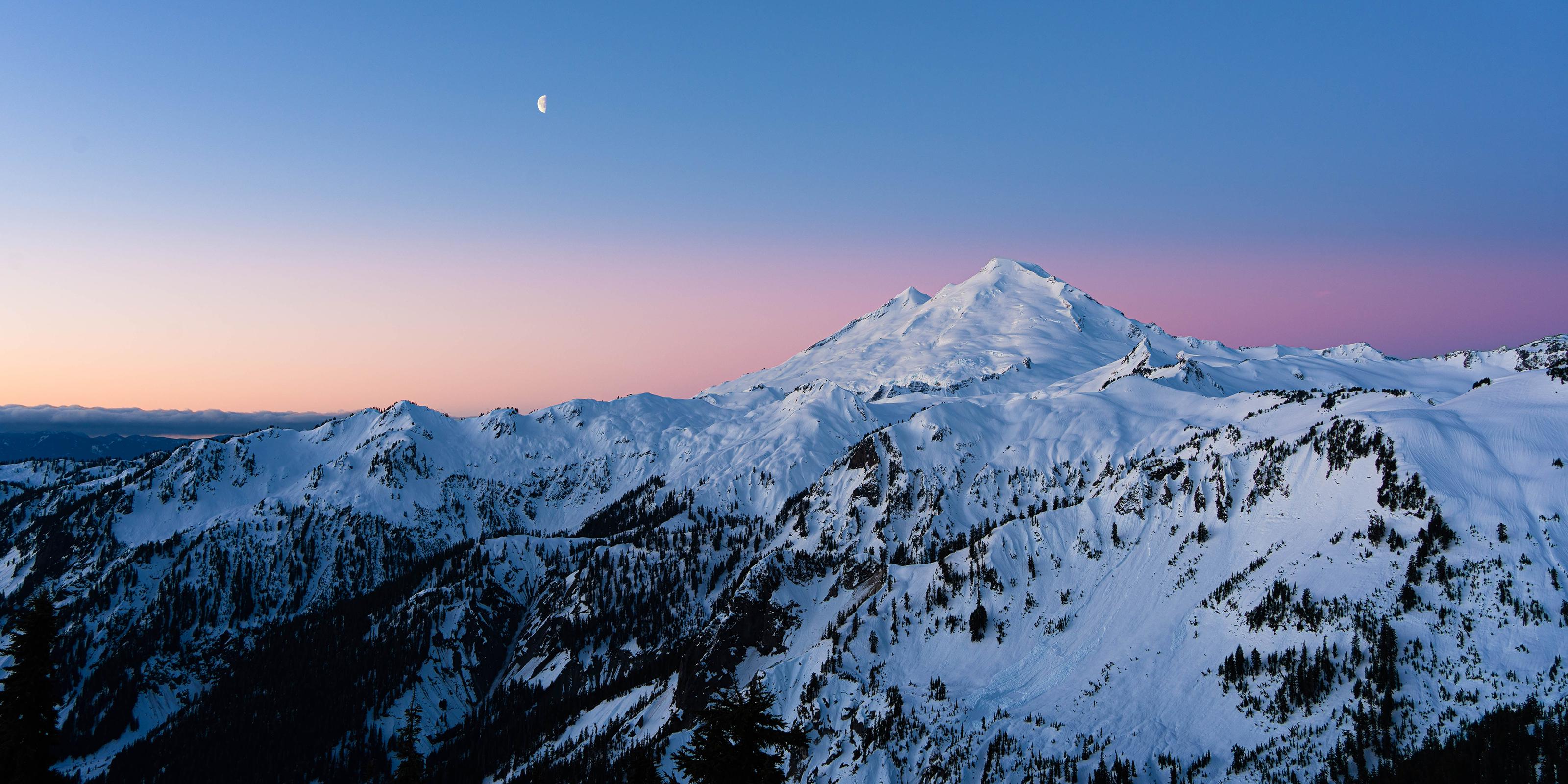 Landscape Snow Nature Night Moon Mountain Pass Washington USA Ultrawide Wallpaper:3200x1600