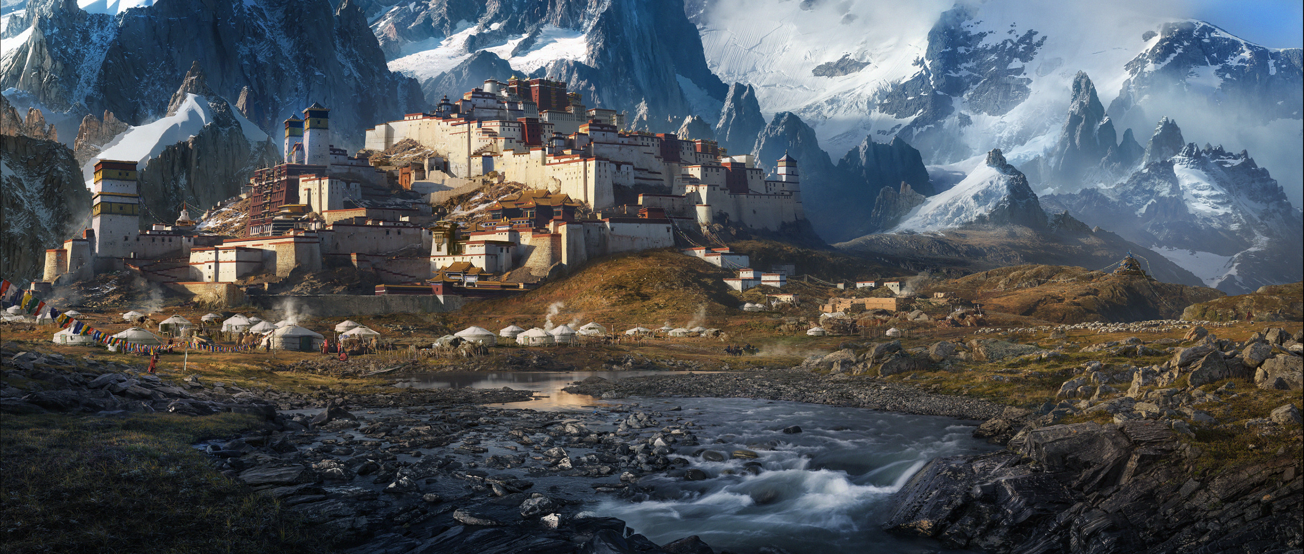 landscape, Creeks, Mountains, Fortress, Tent, Ultrawide, Tibet Wallpaper HD / Desktop and Mobile Background