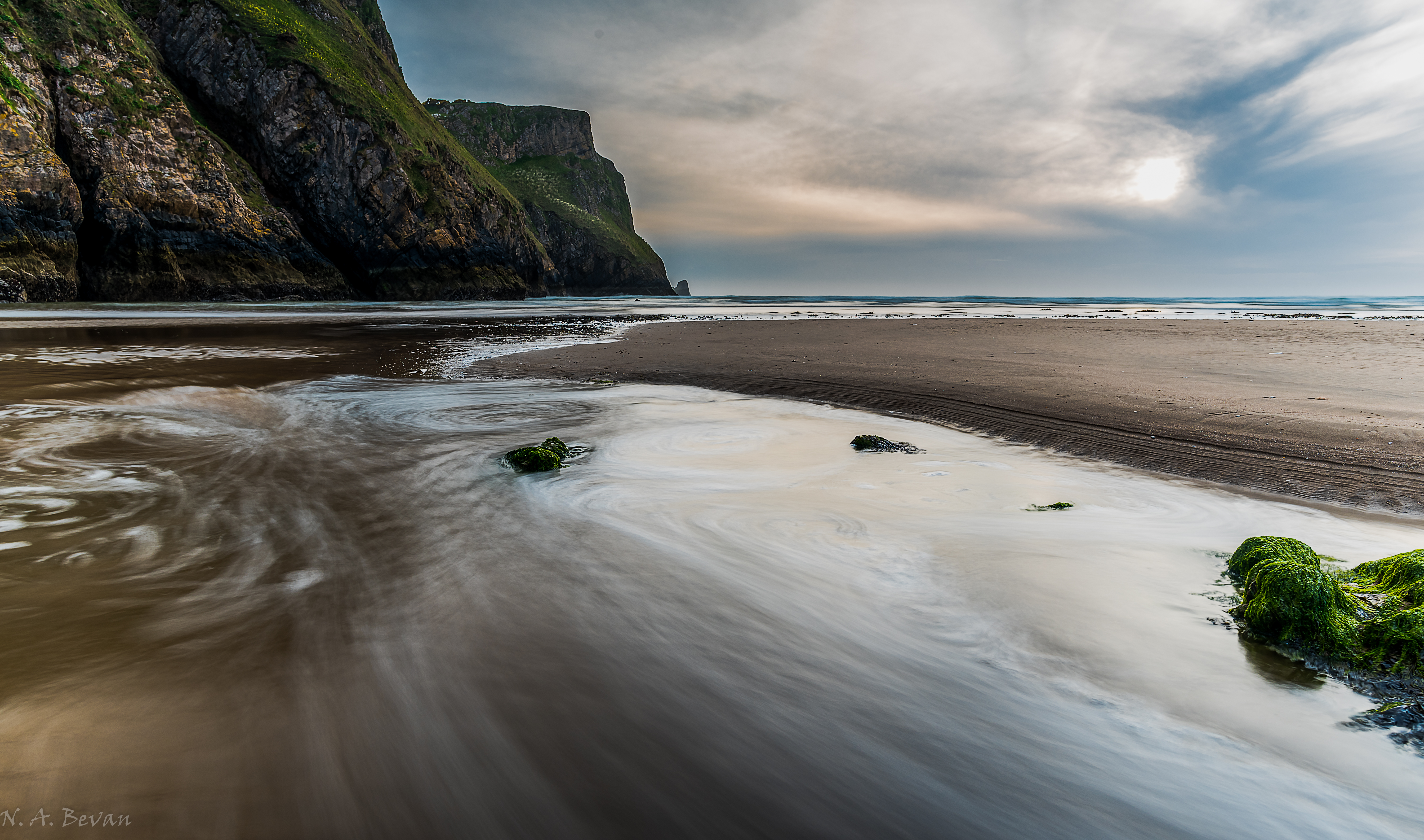 Wallpaper, sea, cliff, green, beach, water, swansea, Wales, landscape, spring, sand, rocks, tide, gower, rhossilibay 6016x3552