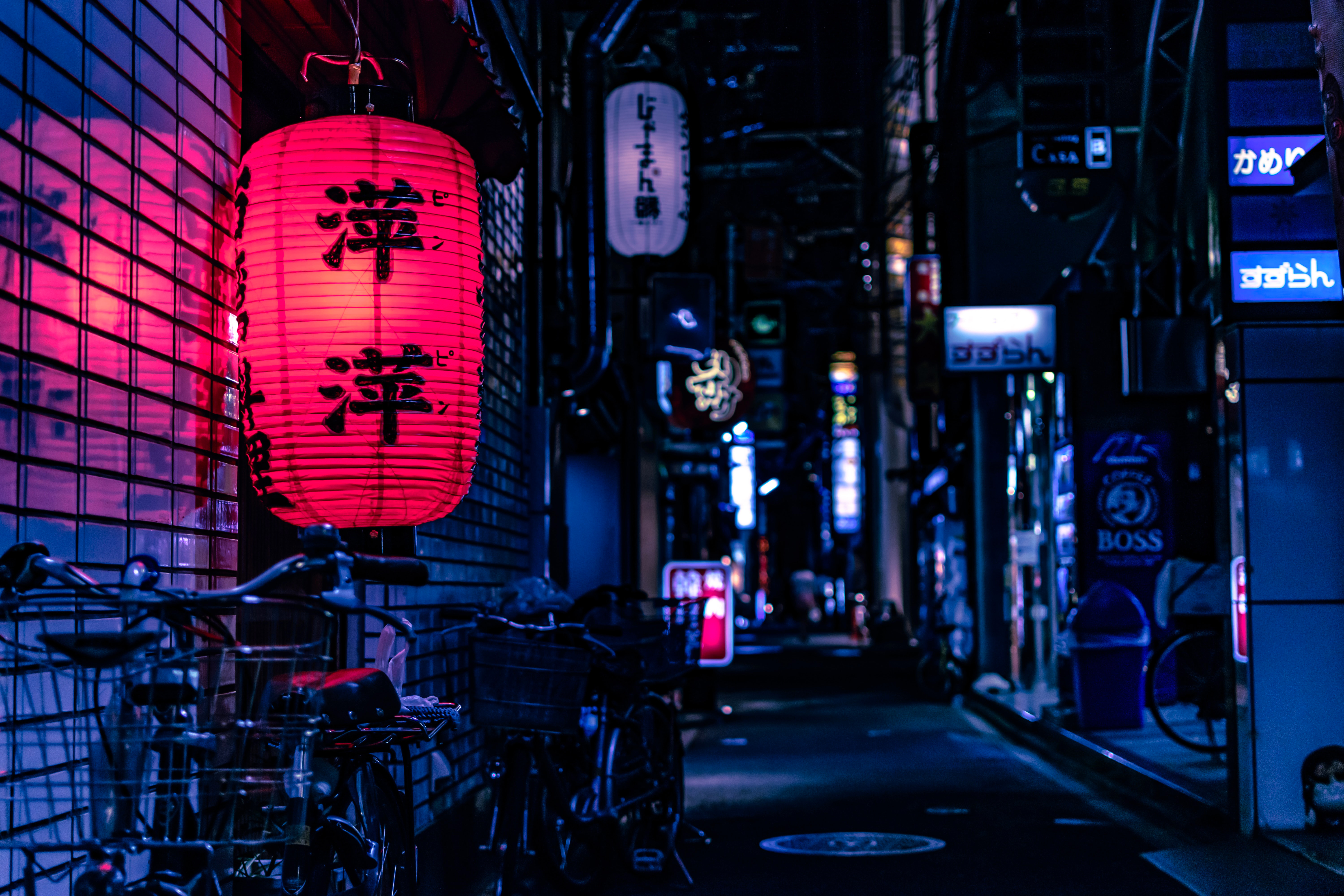 night, city, street, neon, bicycle, Japanx4000 Wallpaper